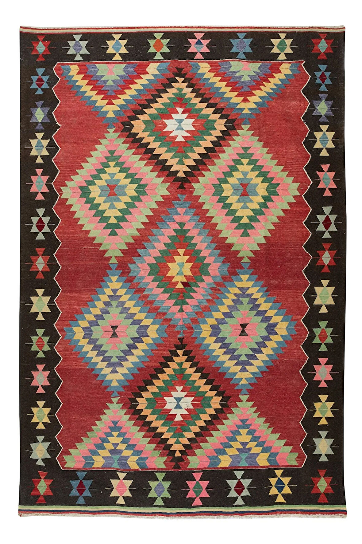 185x265 cm Geometrik Tasarımlı El Dokuması Eski Kilim. Düz Dokuma Kilim. %100 Yün