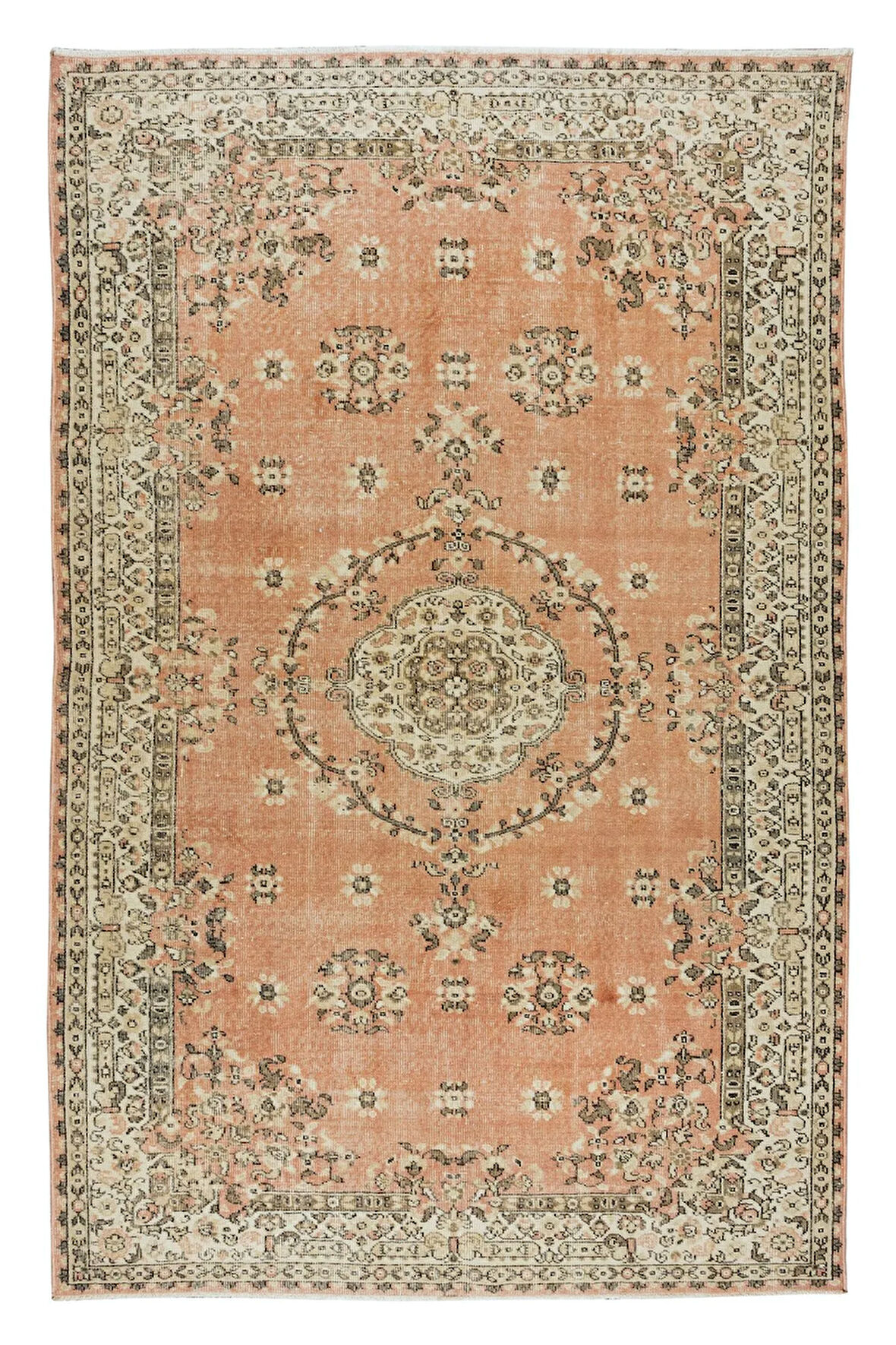 177x279 cm Kırmızı & Bej El Dokumalı Eski Halı, Madalyon Tasarımlı El Düğümlü Halı
