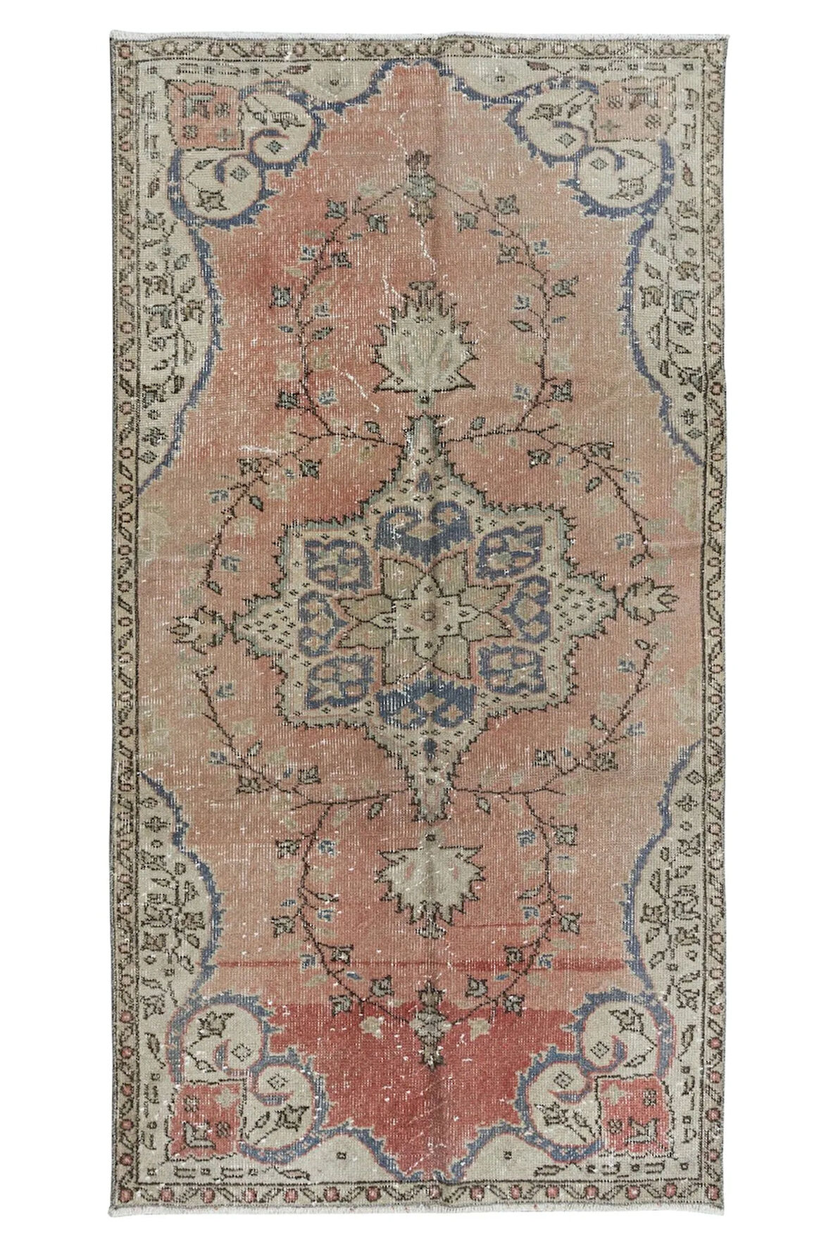 105x195 cm Kırmızı, Bej ve Lacivert El Dokuma Türk Halısı, Madalyonlu Eski Halı