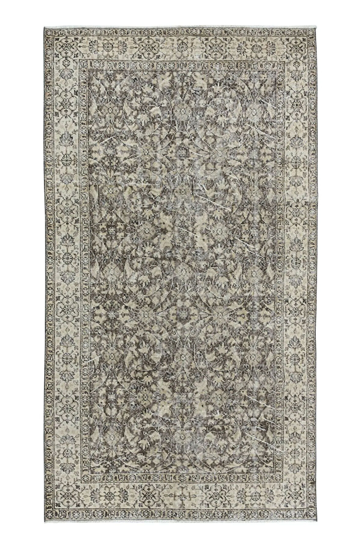 140x252 cm Eski Çiçek Desenli Halı, Bej ve Kahverengi El Düğümlü Anadolu Halısı