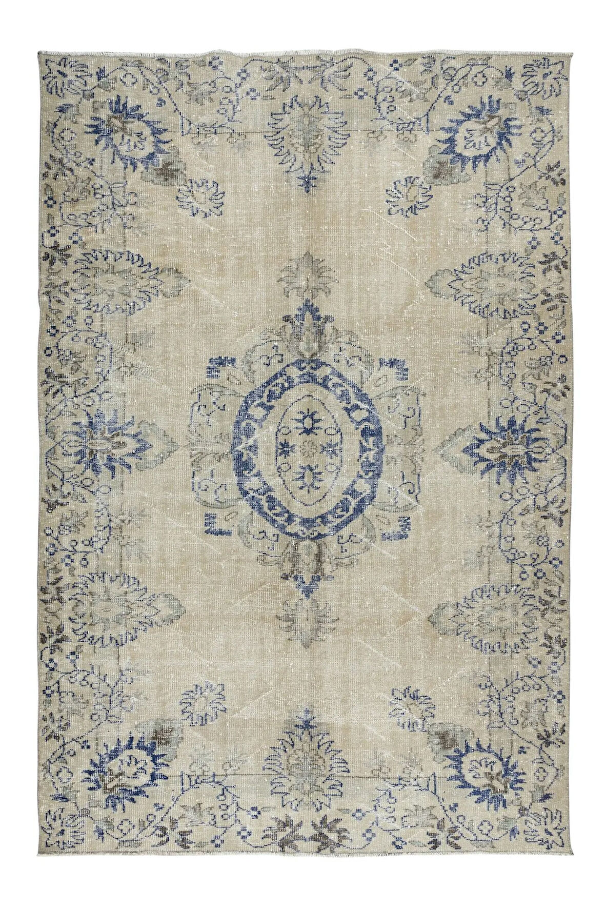 195x290 cm Bej ve Lacivert, Güneşte Soldurulmuş El Yapımı Halı, Yüzyıl Ortası Anadolu Halısı