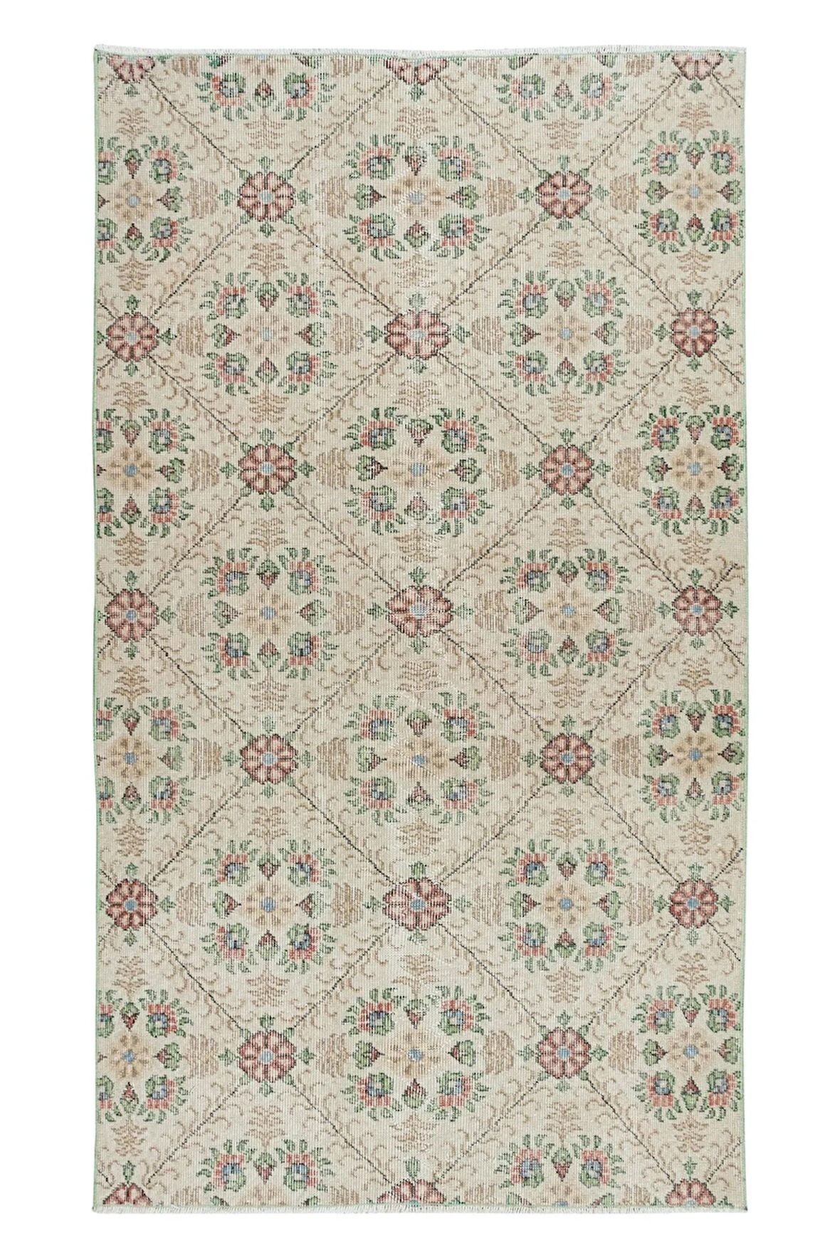 117x205 cm Bej Zeminli, Yeşil Çiçek Desenli El Dokuma Eski Anadolu Halısı