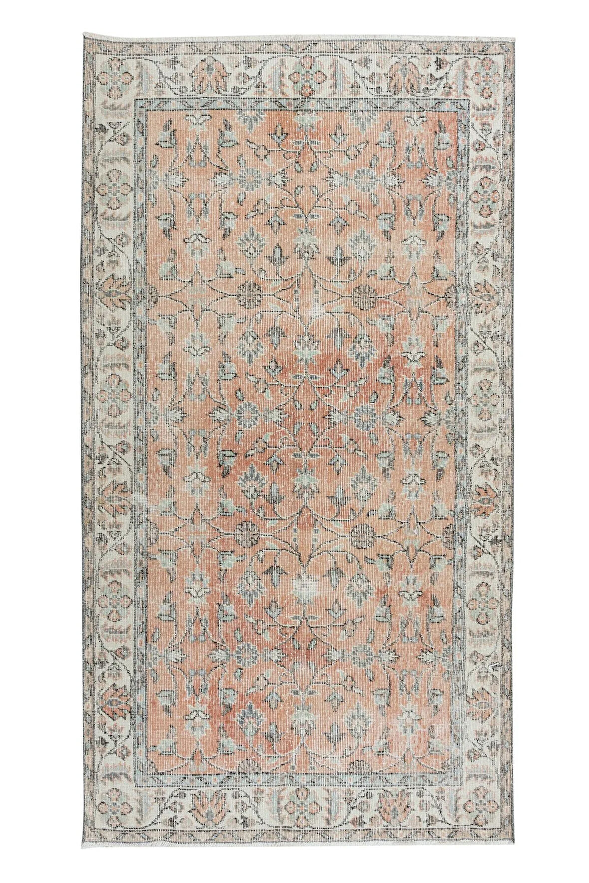 116x210 cm Botanik Desenli Yumuşak Kırmızı ve Bej Romantik Desenli Eski El Yapımı Türk Halısı