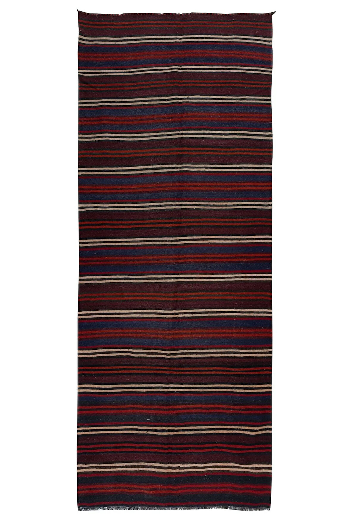 125x320 cm Çizgili Desenli El Dokuma Türk Kilimi, Düz Dokuma Çok Renkli Kilim, %100 Yün