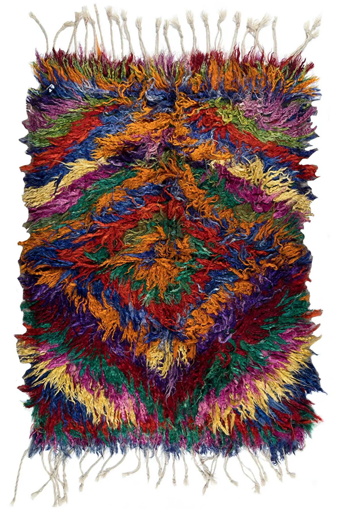 122x185 cm Çok Renkli El Yapımı Tülü Halı, Saçaklı, Eski Yüksek Tüylü Halı, %100 Tiftik Yünü