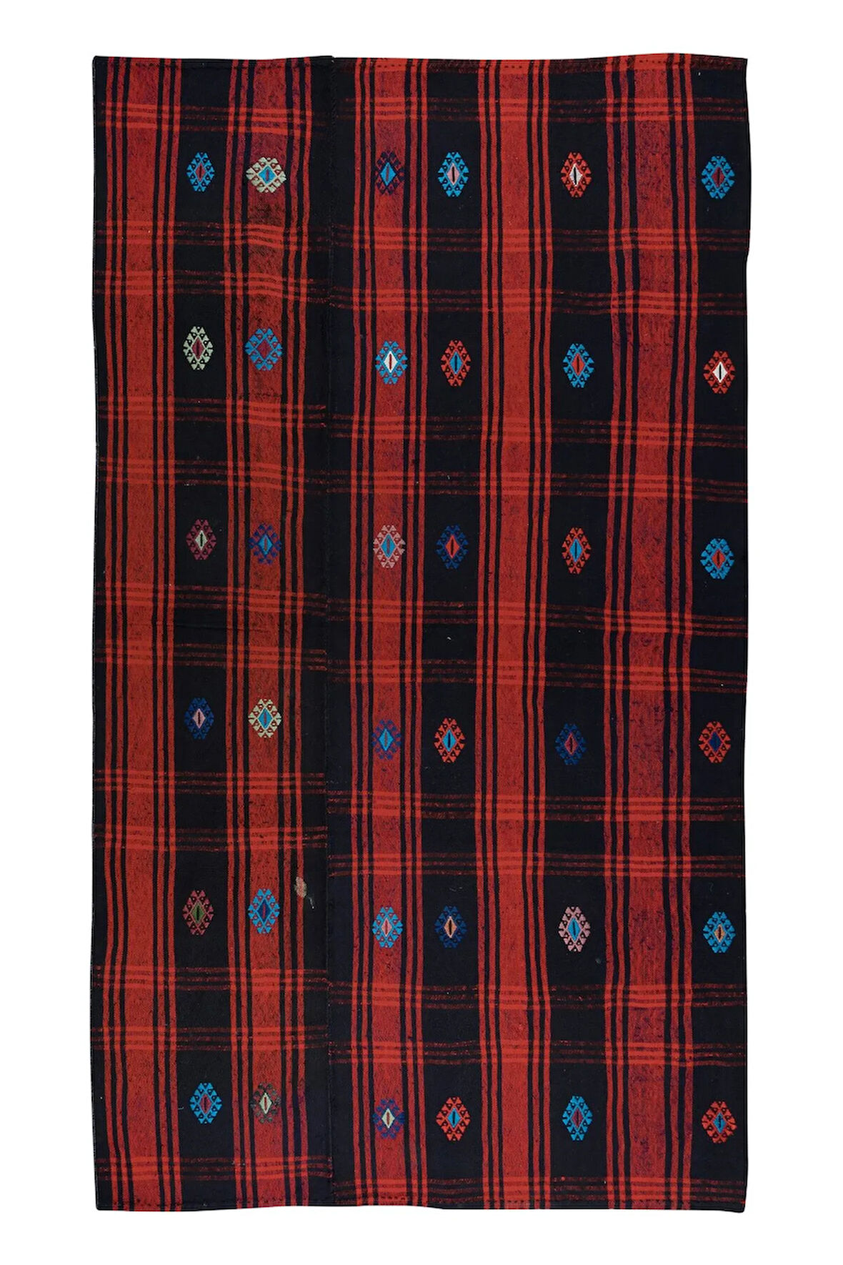 139x243 cm Eski El Dokuma Kilim, Kırmızı, Lacivert ve Siyah Anadolu Halısı