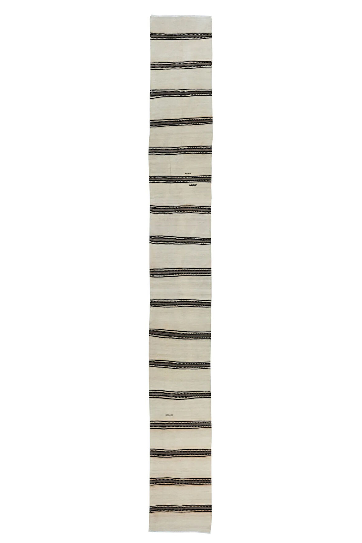 66x536 cm Siyah Gri Çizgili Krem Renkli El Dokuma Anadolu Dar Uzun Yolluk Kilim, Koridor Kilimi