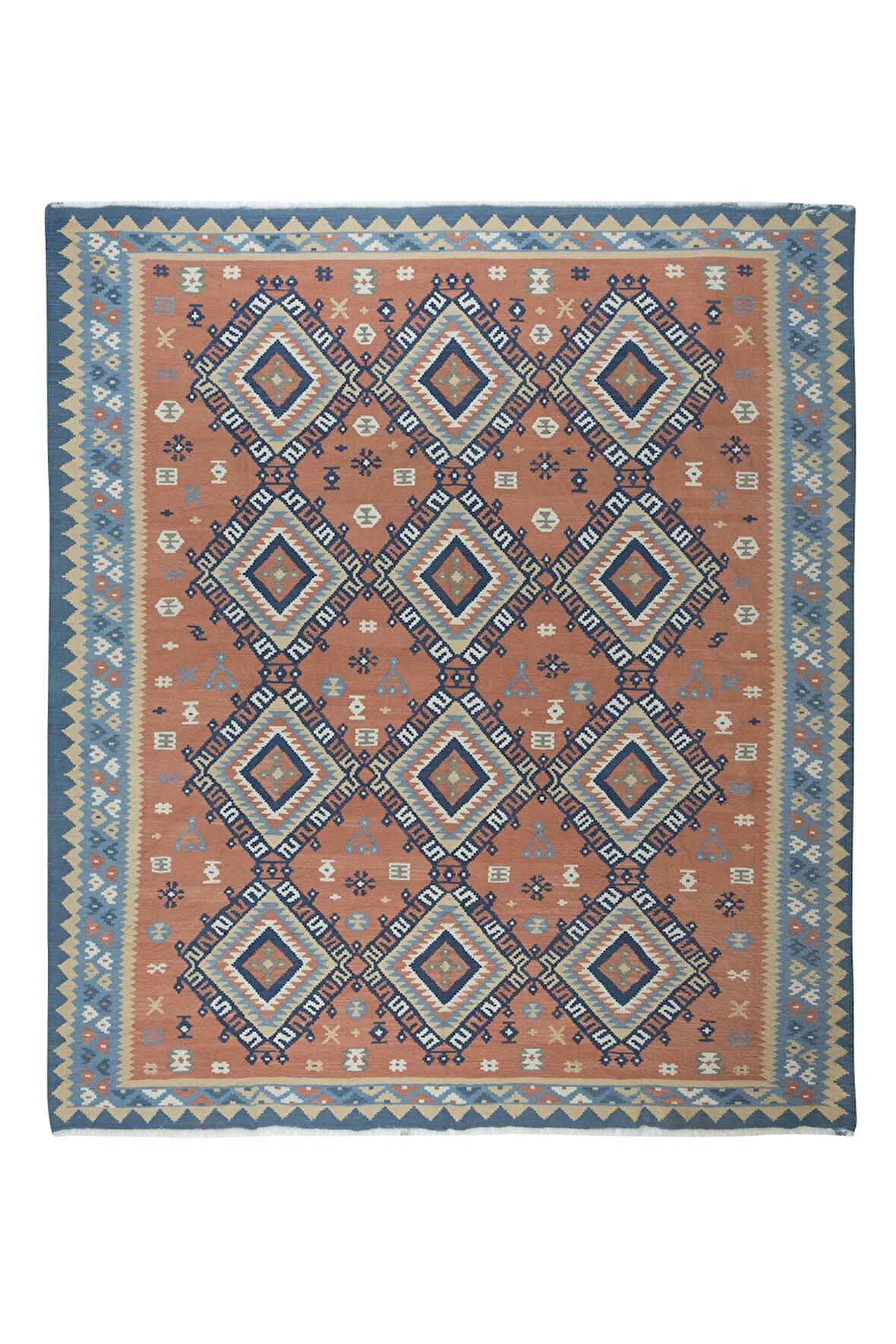 258x280 cm Geometrik Detaylı İskandinav El Dokuması Eski Kilim Halı, 'Düz Dokuma', %100 Yün