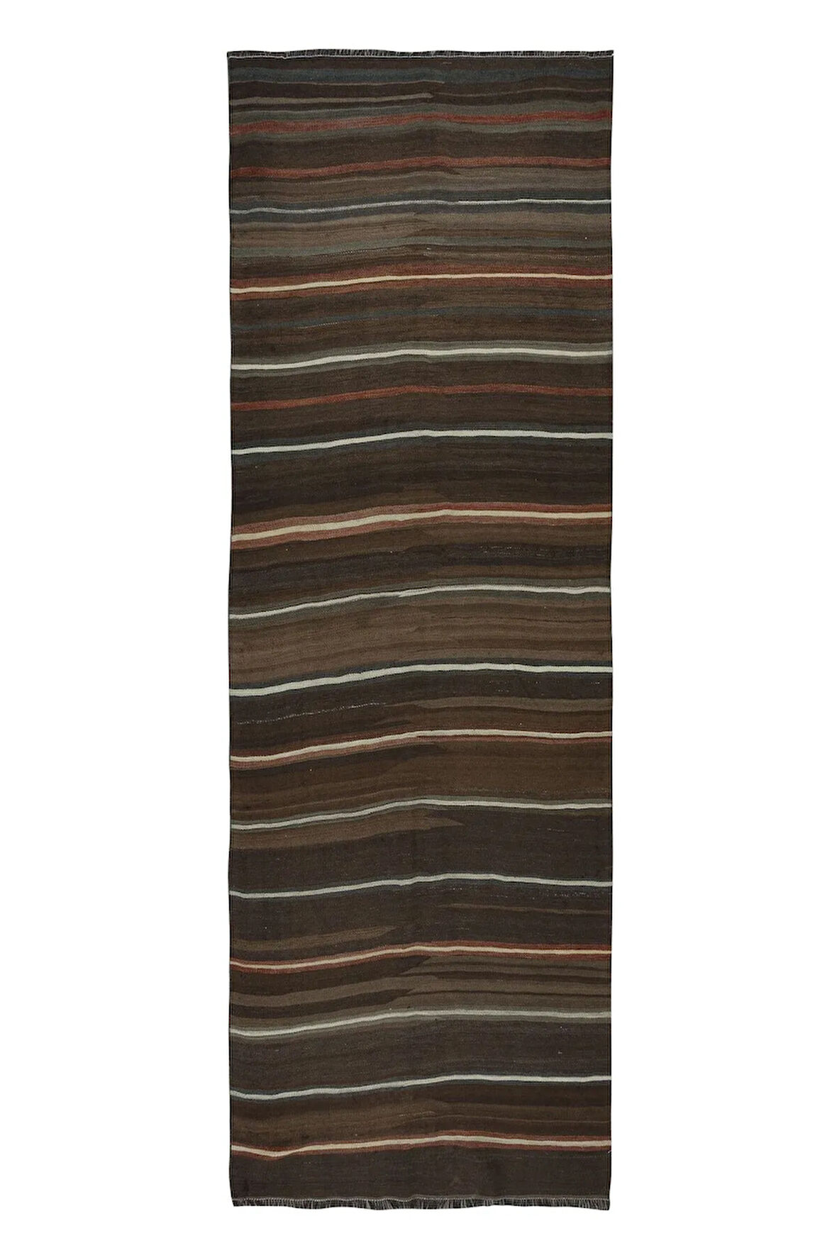 130x370 cm El Dokuma Çizgili Anadolu Kilimi Yolluk, Düz Dokuma Eski Yün Koridor Halısı