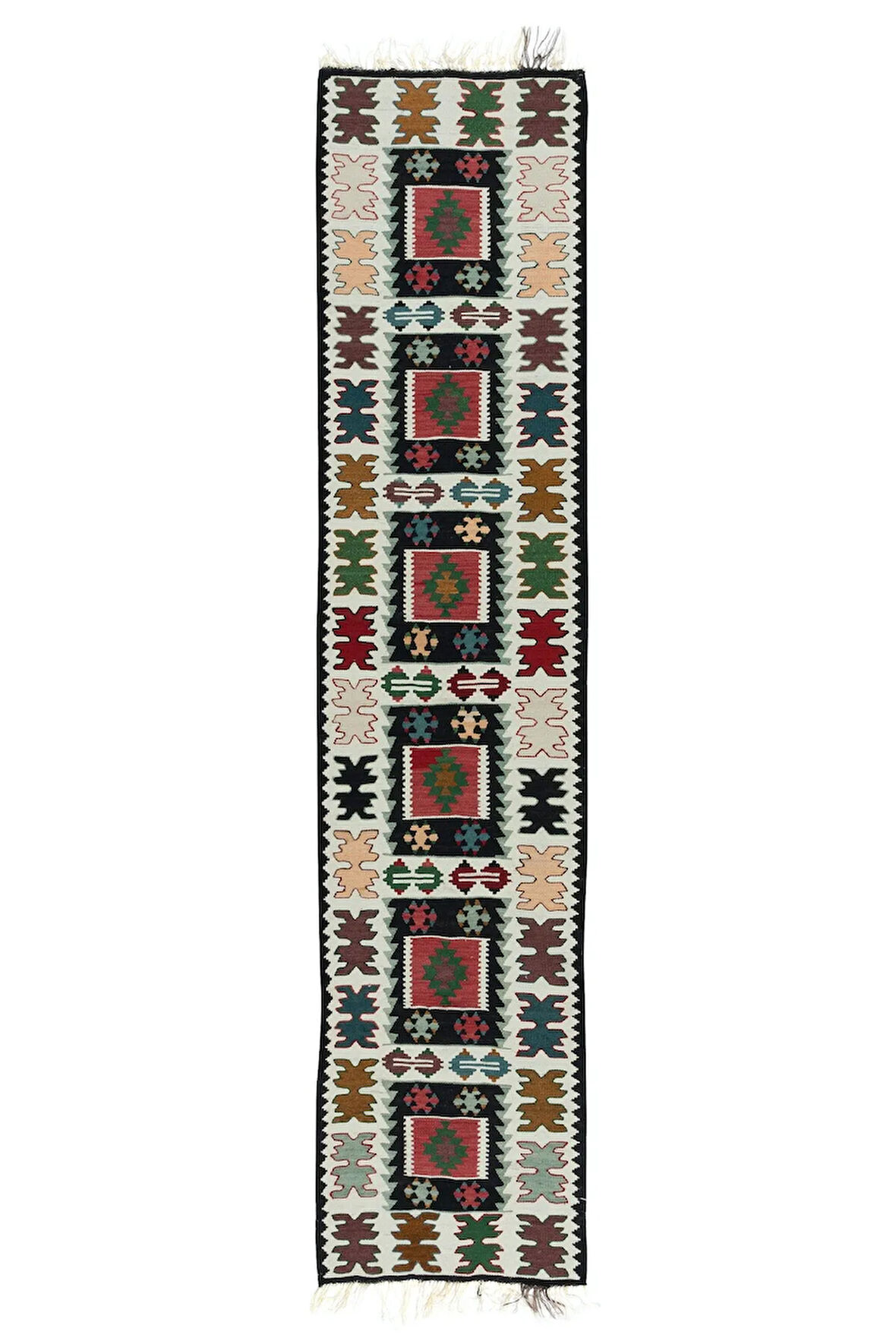 66x287 cm Düz Dokuma Renkli Dar Yolluk Kilim, El Dokuma Geometrik Türk Koridor Halısı
