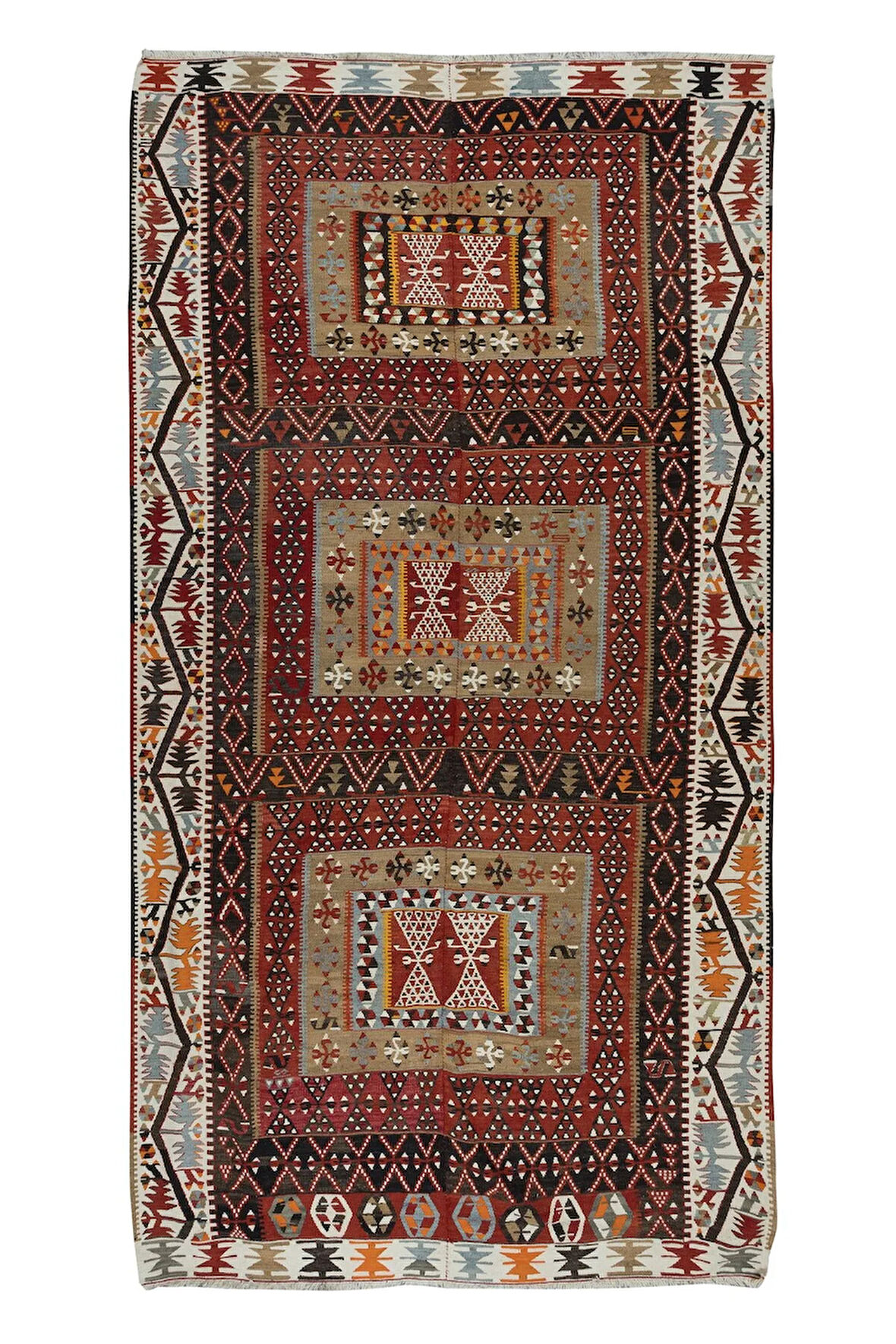 170x335 cm Eski Çizgili El Dokuma Türk Kilimi Geometrik Desenli 'Düz Dokuma', Tamamı Yün