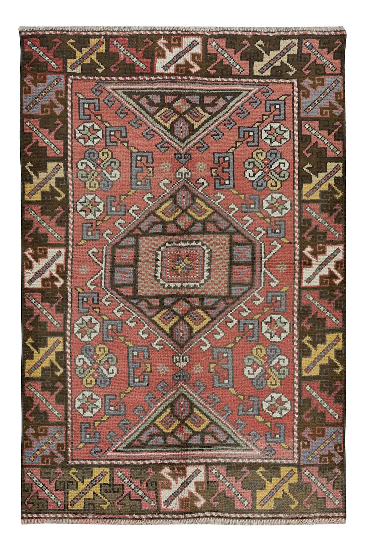 119x173 cm El Yapımı Geometrik Madalyon Tasarımlı Halı, 1960'lardan Halı, Eski Türk Kırmızı Halı
