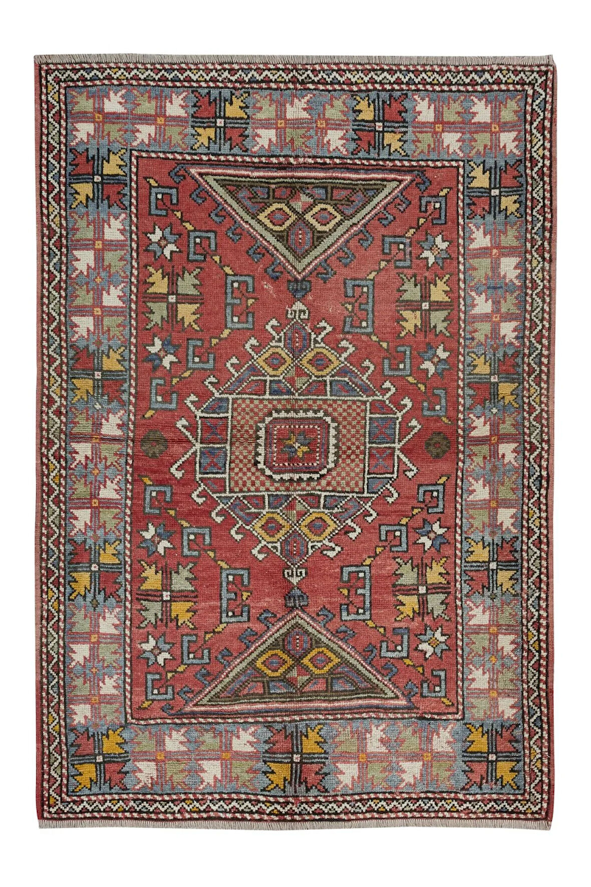 124x175 cm El Yapımı Geometrik Madalyon Tasarımlı Halı, 1960'lardan Halı, Eski Türk Kırmızı Halı