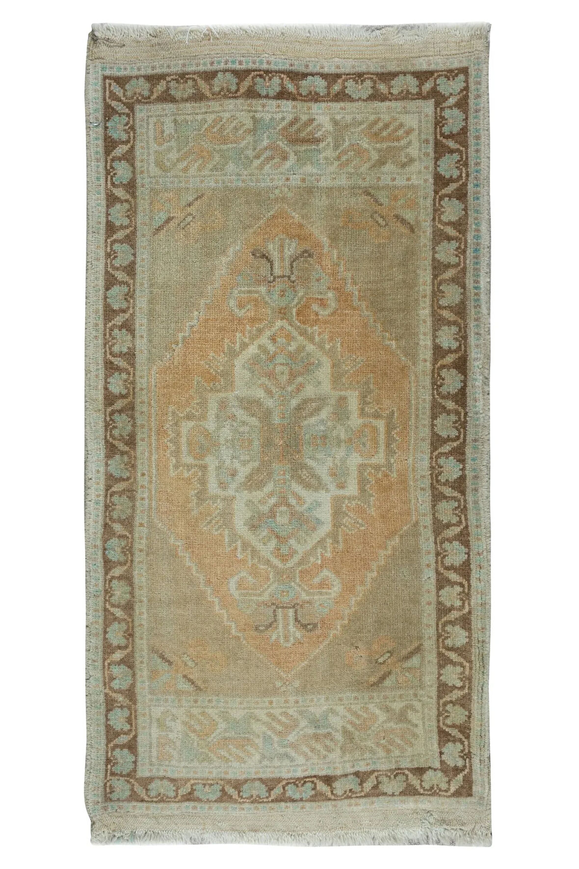 50x92 cm Sessiz Renklerde Eski Uşak Küçük Halı. El yapımı paspas veya banyo paspası. 60 Yıllık Halı