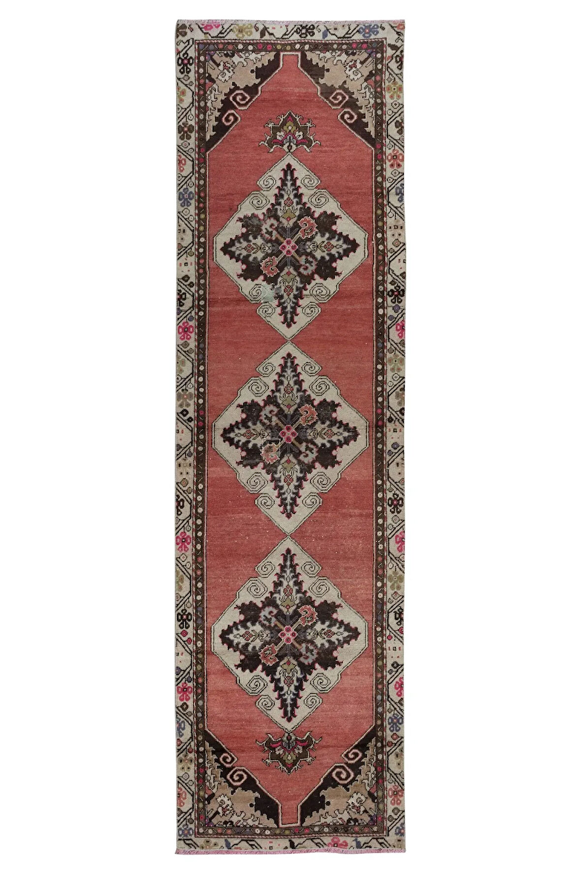 88x313 cm Renkli Madalyonlu Kırmızı El Düğümlü Eski Koridor Halısı