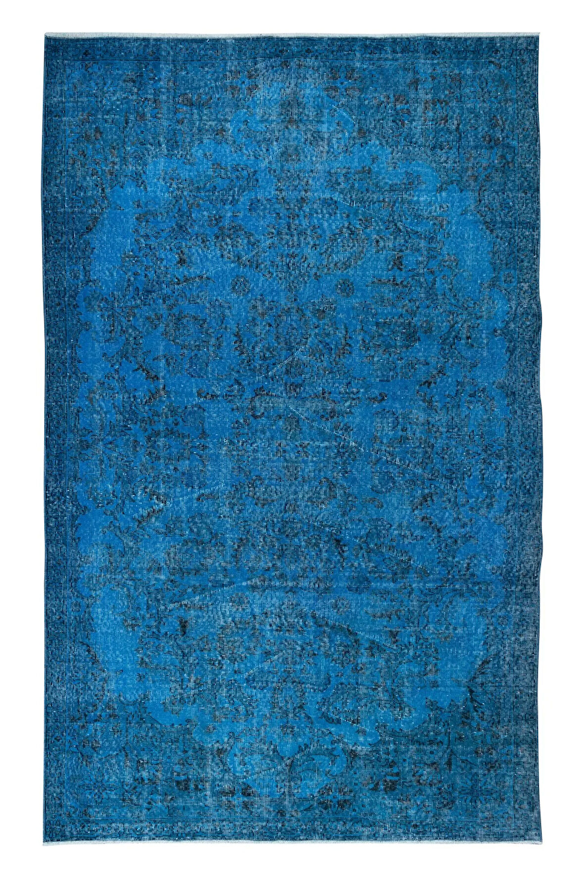 192x305 cm Mavi El Yapımı Halı, Yenilenmiş Eski Halı, Çiçekli Bahçe Desenli Halı