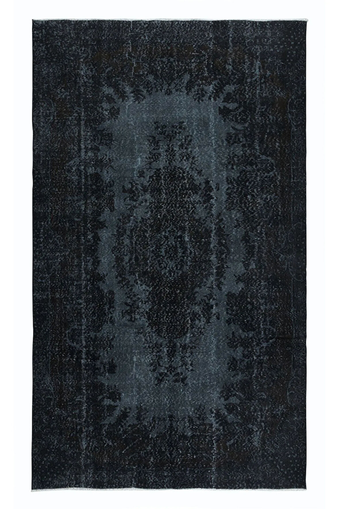 167x276 cm Yenilenmiş Siyah El Yapımı Halı, Madalyon Desenli Eski Halı