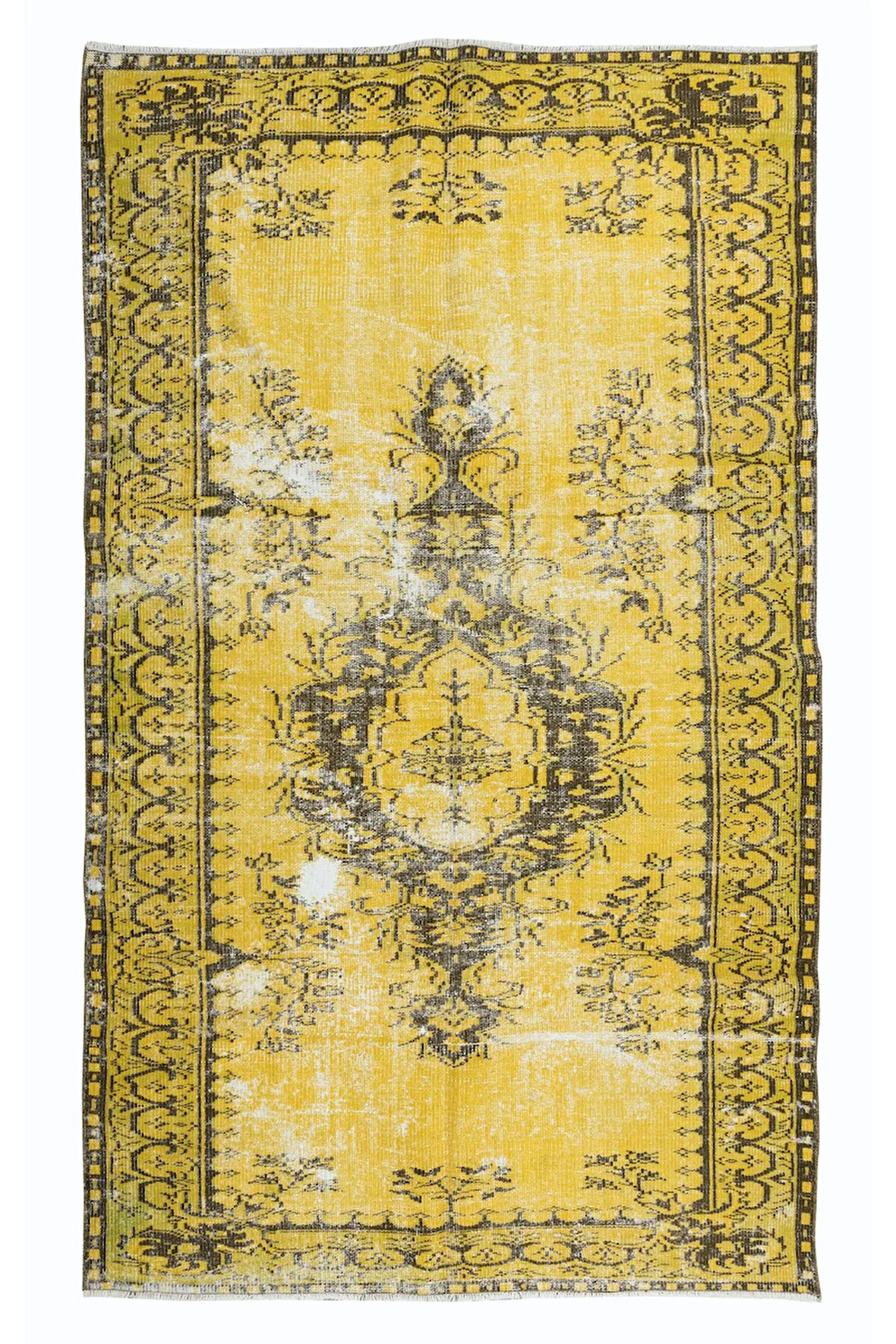 162x263 cm Çağdaş Sarı El Yapımı Halı, Yeniden Boyanmış Türk Halısı