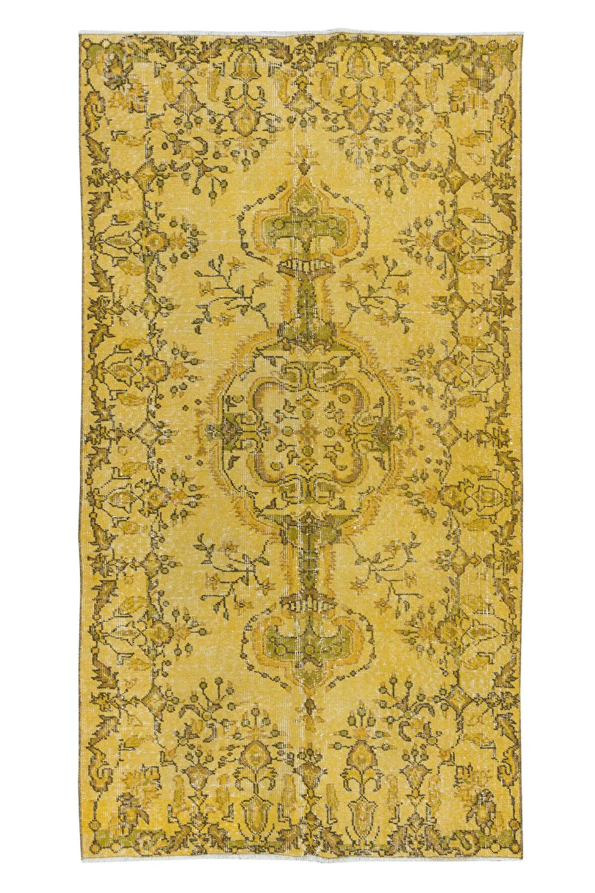 111x200 cm El Düğümlü Sarı Türk Halısı, Yeniden Boyanmış El Yapımı Modern Halı