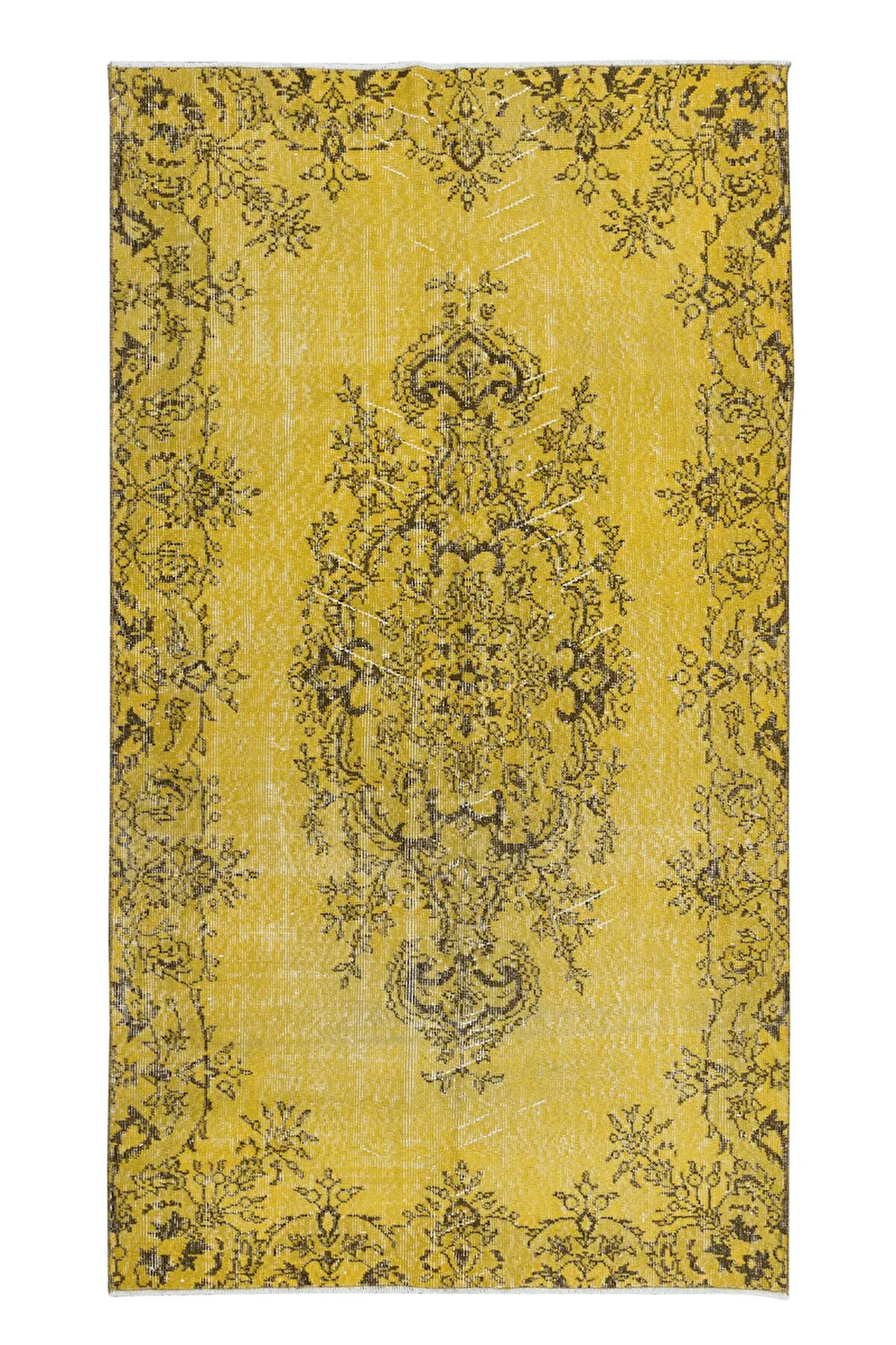 122x216 cm Çağdaş Sarı El Yapımı Halı, Yeniden Boyanmış Türk Halısı