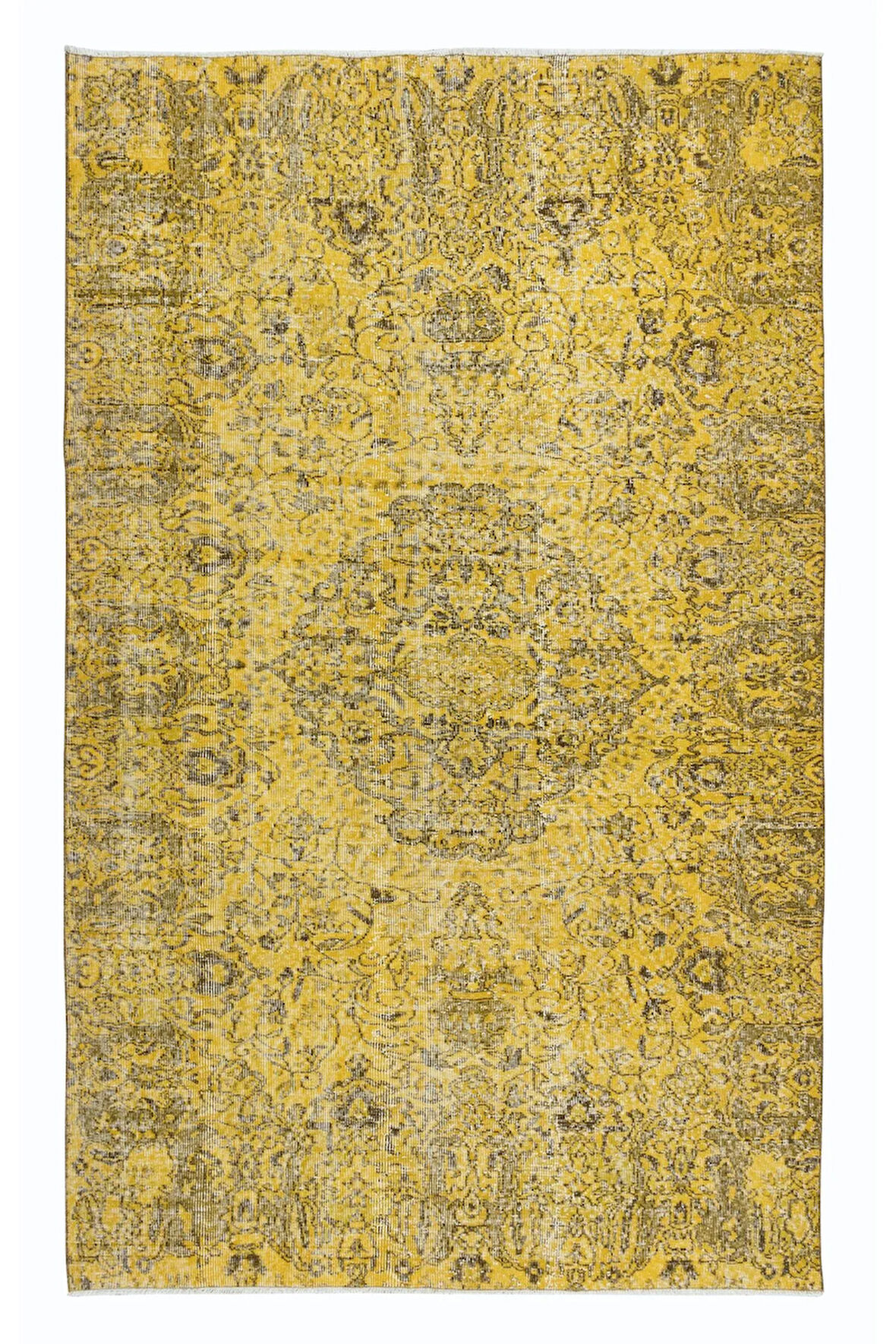163x260 cm El Düğümlü Sarı Türk Halısı, Yeniden Boyanmış El Yapımı Modern Halı