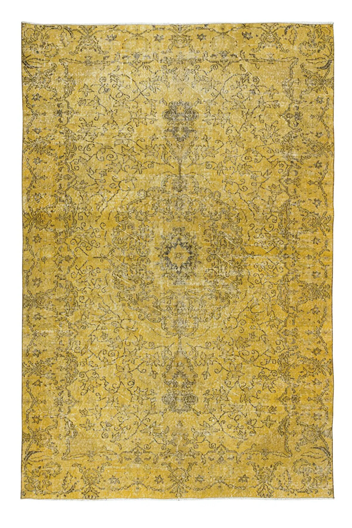 195x284 cm Çağdaş Sarı El Yapımı Halı, Yeniden Boyanmış Türk Halısı