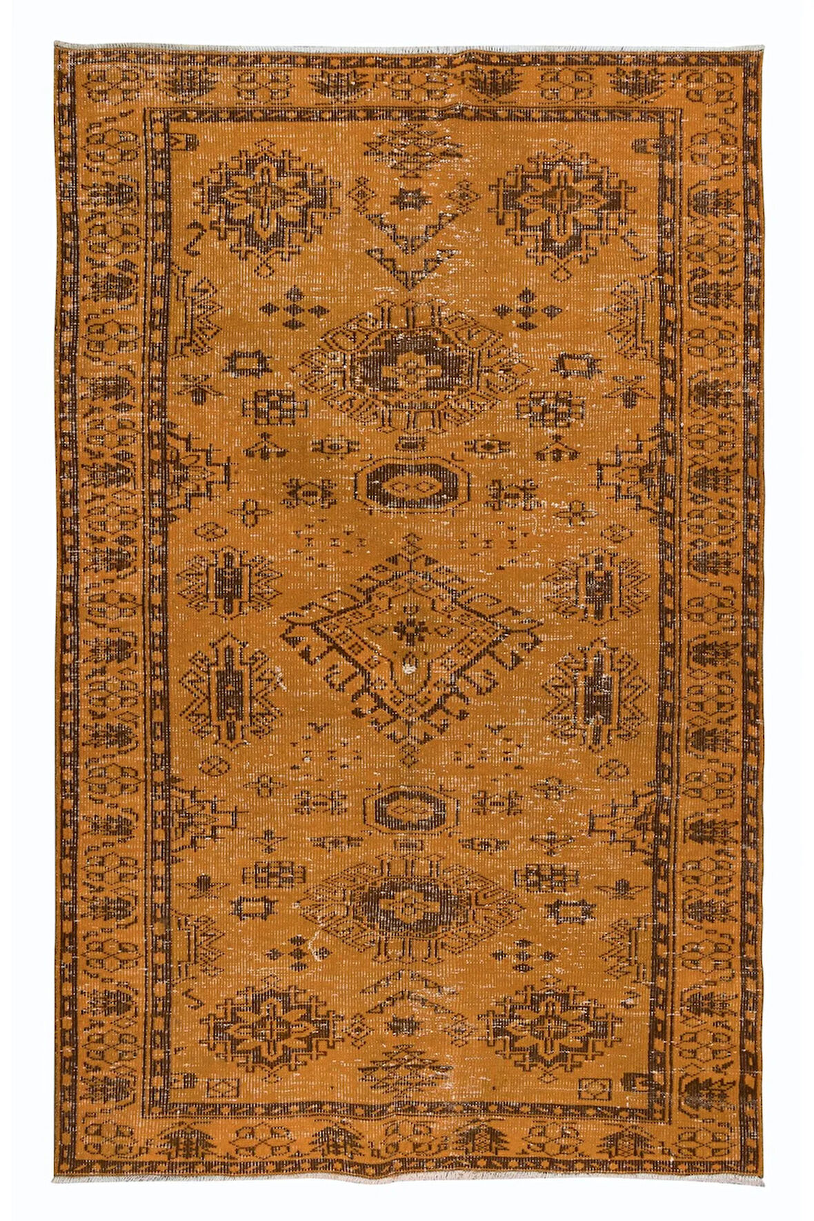 165x258 cm El Yapımı Turuncu Halı, El Dokuması Eski Halı, Yenilenmiş Türk Halısı