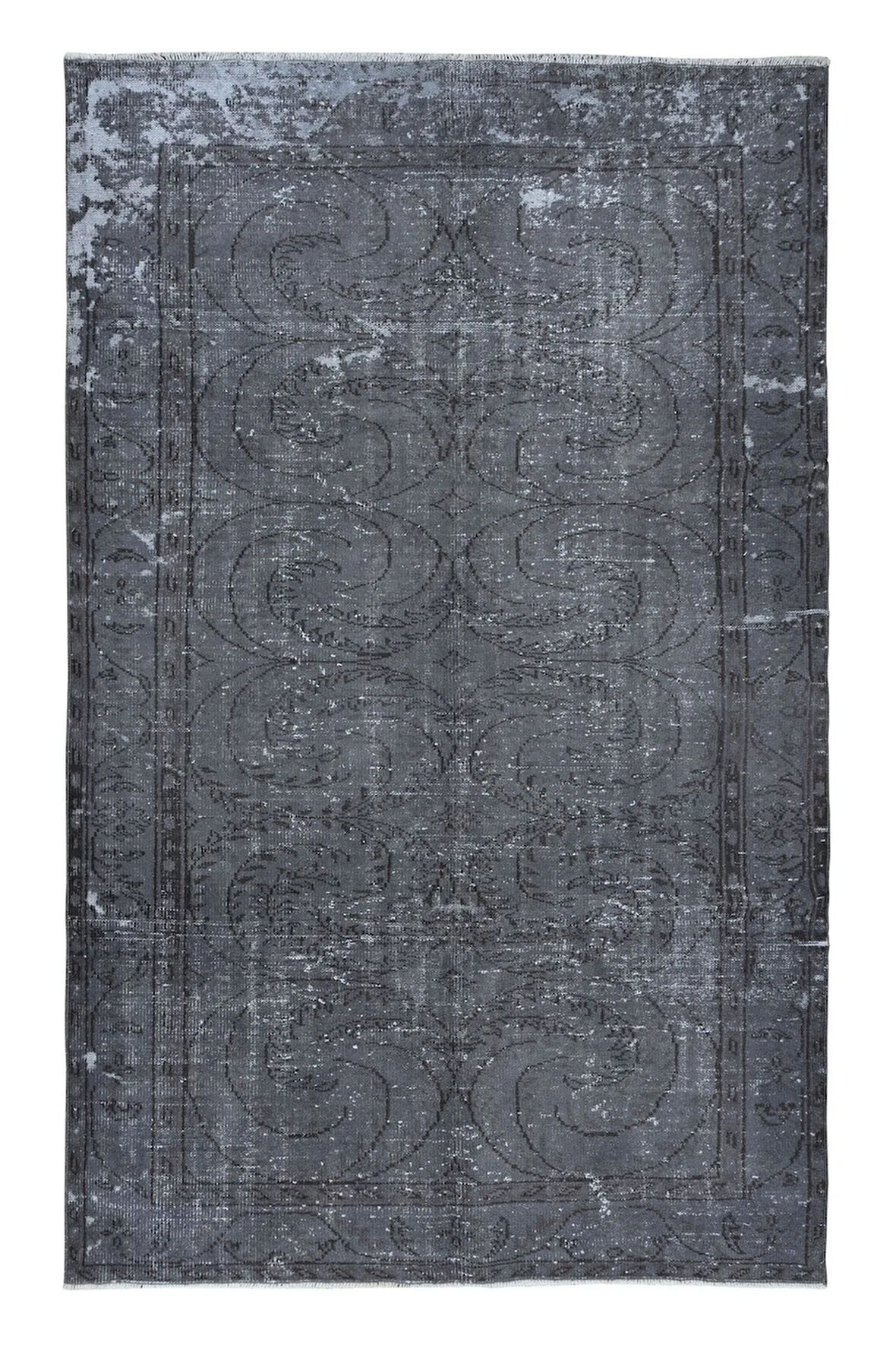 198x300 cm Yenilenmiş Gri El Yapımı Halı, Modern Yün ve Pamuktan Yapılmış Eski Halı