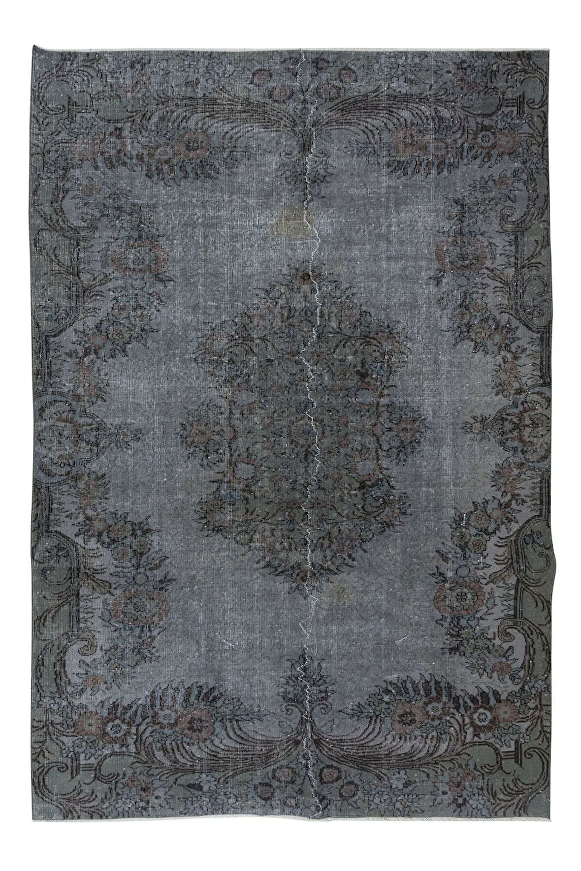 203x304 cm Yeniden Boyanmış Gri El Dokuma Halı, El Yapımı Eski Halı