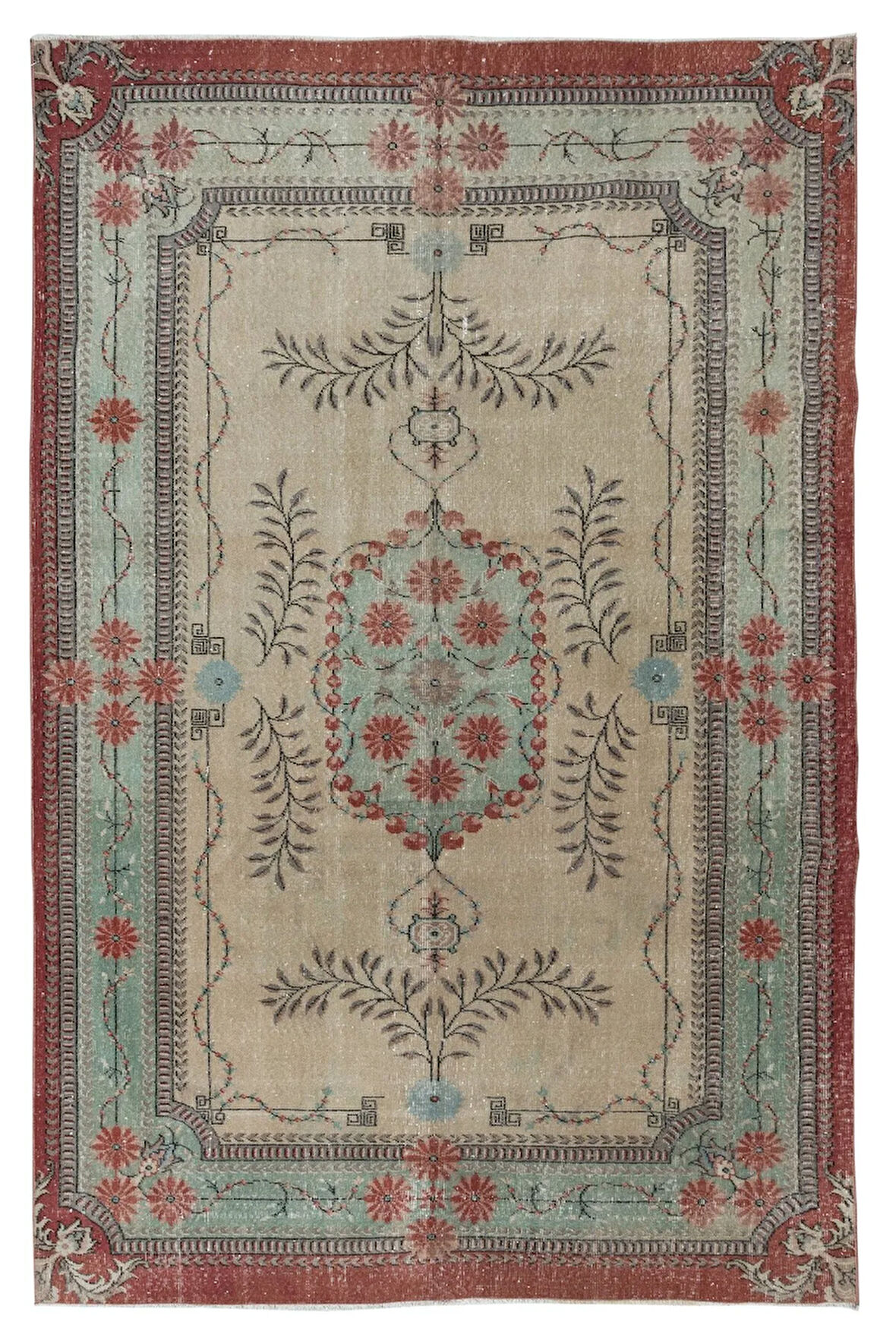 187x290 cm Avrupa Tasarımlı El Yapımı Anadolu Halısı, Eski Halı, Bej, Kırmızı ve Yeşil Renkler