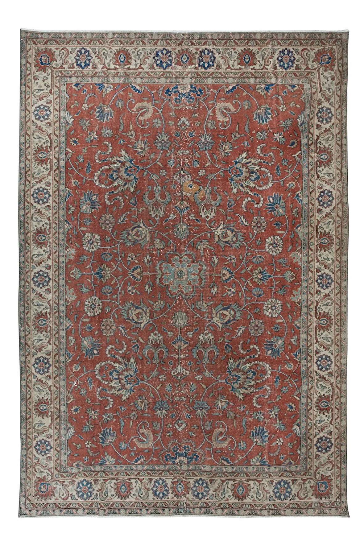 238x342 cm Botanik Desenli Kırmızı ve Bej Romantik Eski El Yapımı Türk Büyük Halısı