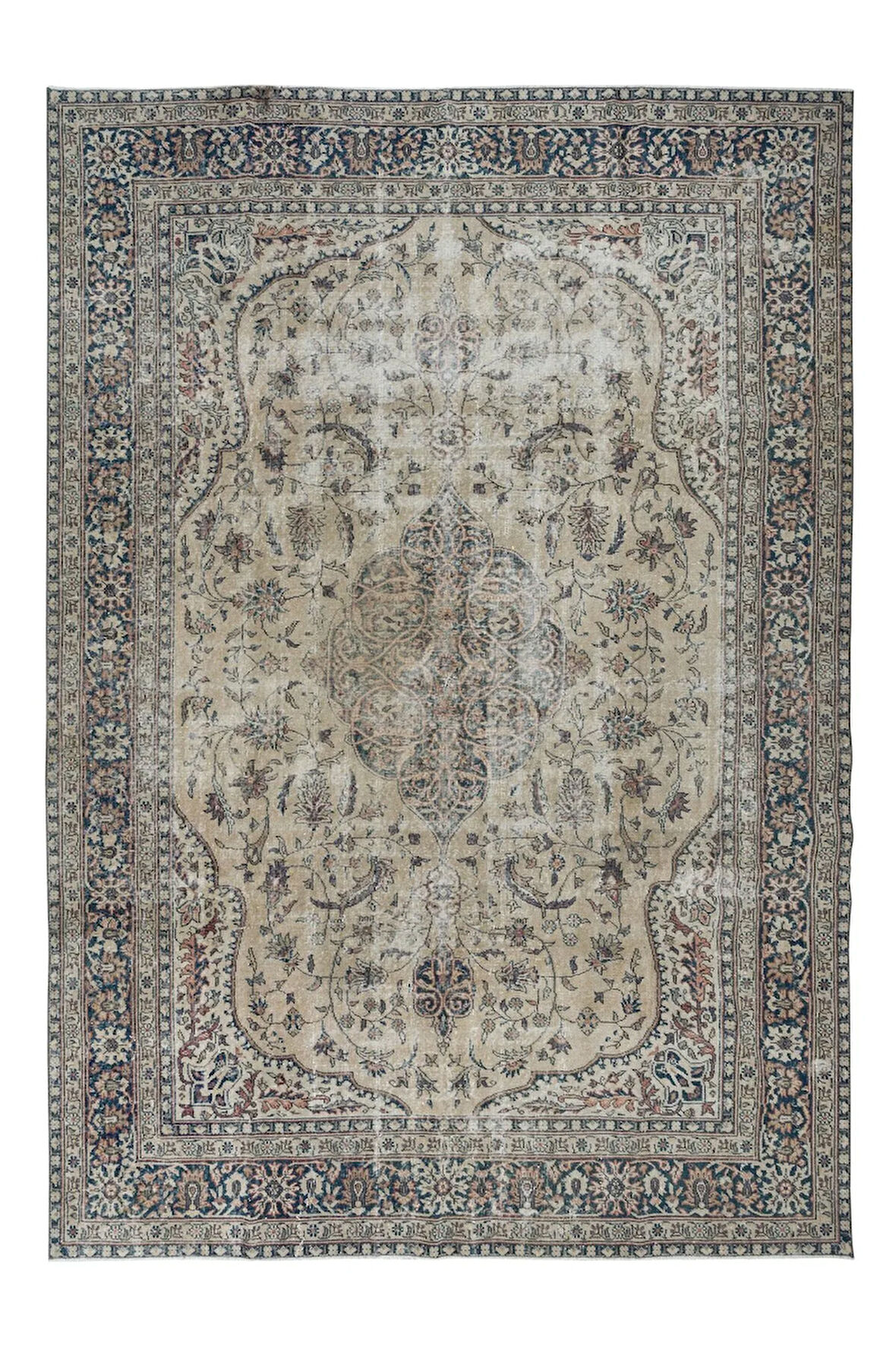 262x338 cm 20.Yüzyıl Ortası El Yapımı Bej Büyük Uşak Halısı. Rustik ve Çiftlik Evi Dekoru Halı
