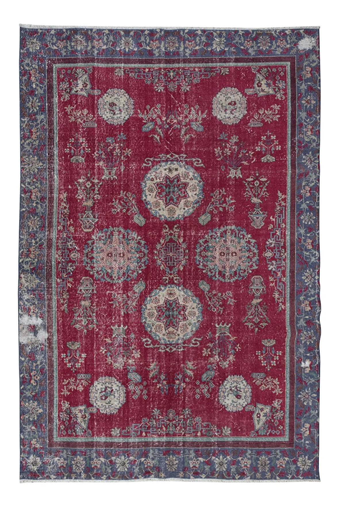 212x320 Cm Kırmızı Eşsiz Eski El Yapımı Türk Yünlü Alan Halısı, Çiçekli Geleneksel Halı