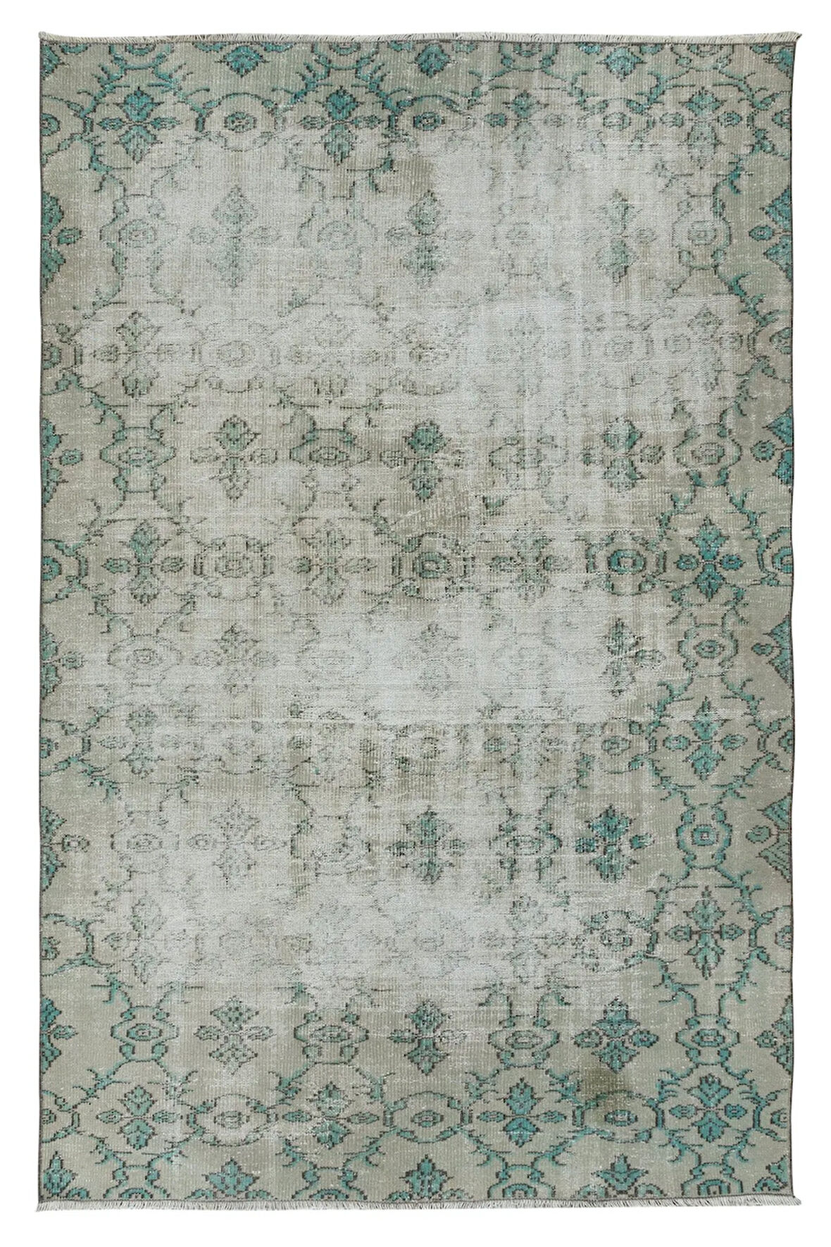 190x285 cm Bej ve Yeşil Renkte Solmuş El Yapımı Uşak Halısı. Eski Kır Evleri ve Rustik Dekor Halı