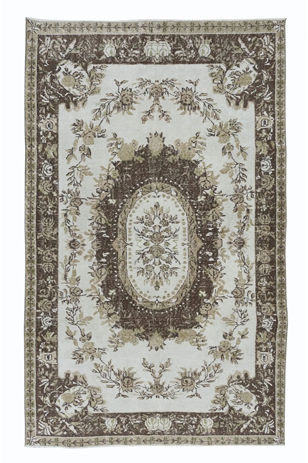 162x255 cm Klasik Aubusson'dan Esinlenmiş Bej ve Kahverengi Eski Halı, Solmuş El Düğümlü Halı