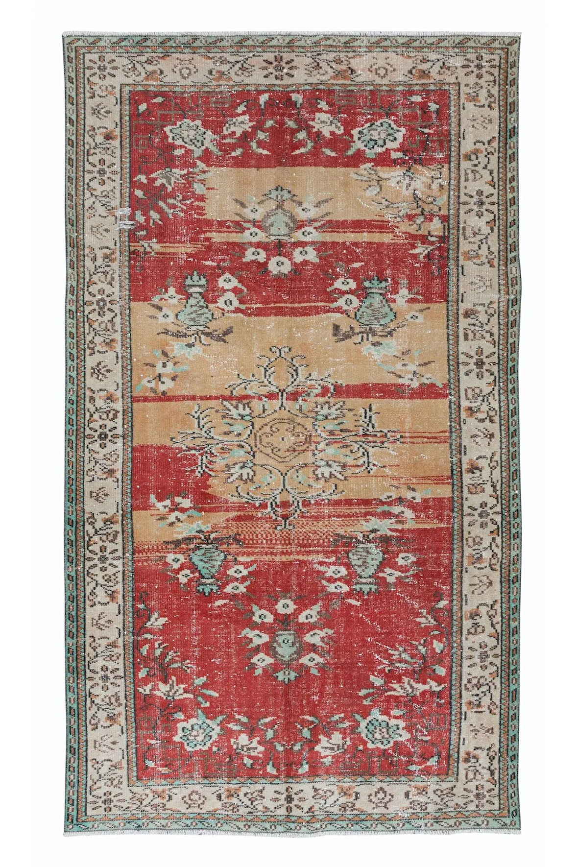 165x270 cm Sıradışı 20. Yüzyıl Ortasından Çiçekli Halı, Kırmızı ve Bej Eski El Düğümlü Halı