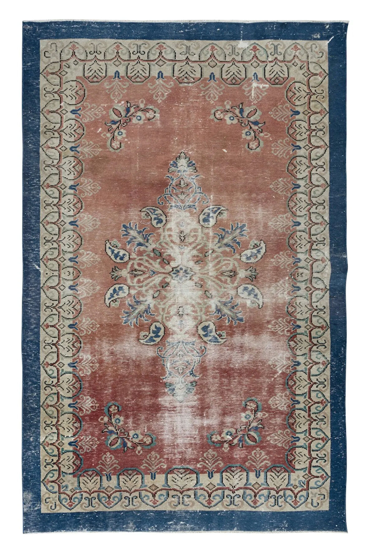 190x300 cm Kırmızı, Bej, Lacivert Düz Kenarlı, Benzersiz El Yapımı Türk Eski Alan Halısı