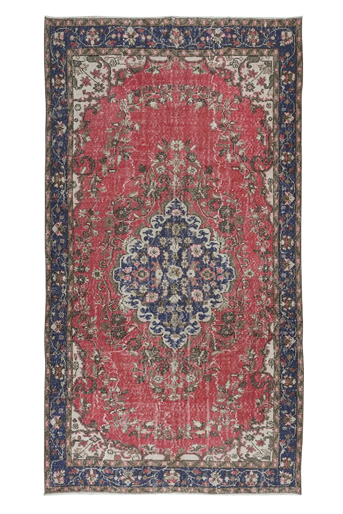 170x310 cm Kırmızı, Mavi ve Lacivert Eşsiz Eski El Yapımı Türk Madalyonlu Tasarım Halı
