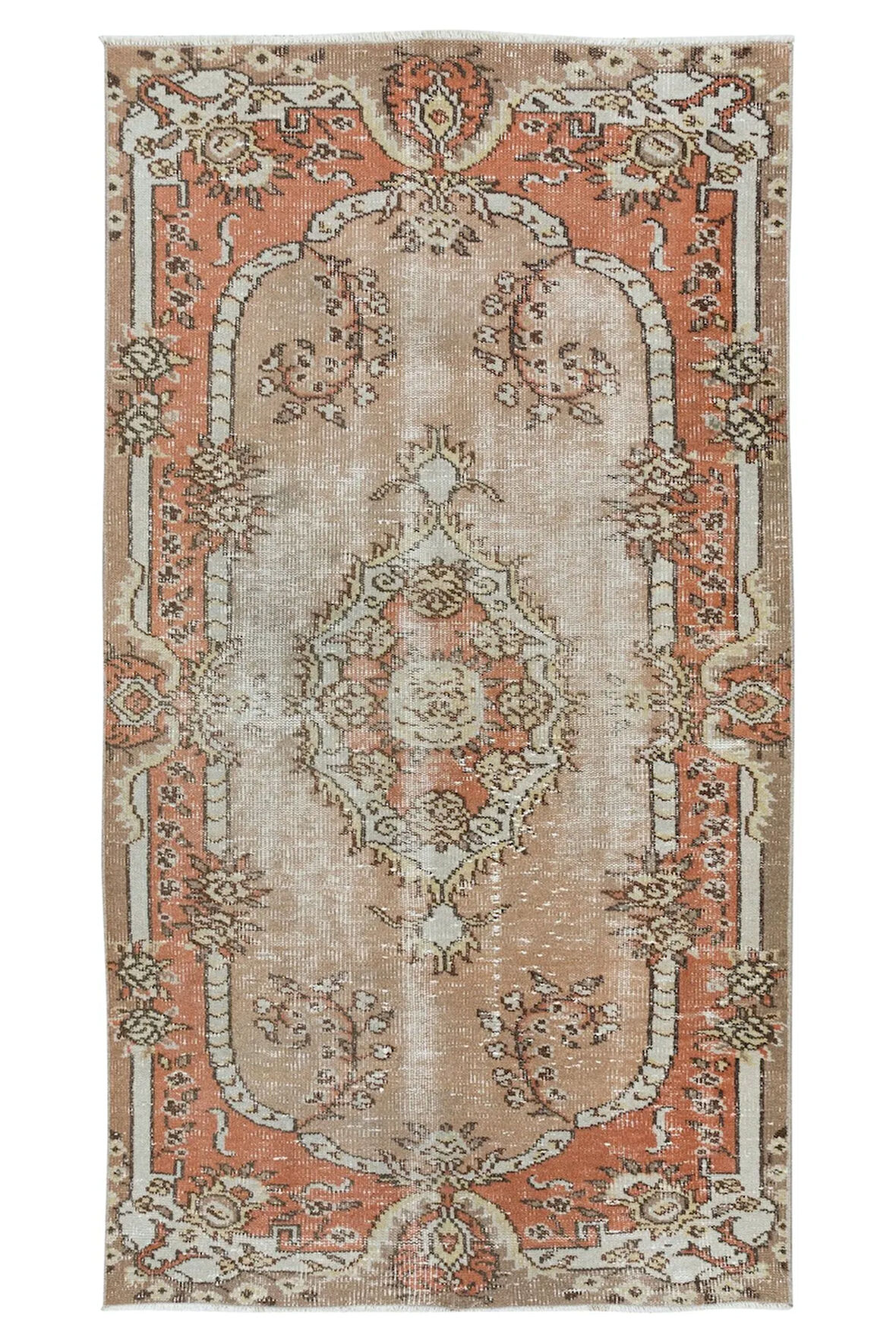 108x202 cm Yumuşak Renklerde El Düğümlü Anadolu Halısı, Eski Yünlü ve Pamuklu Halı