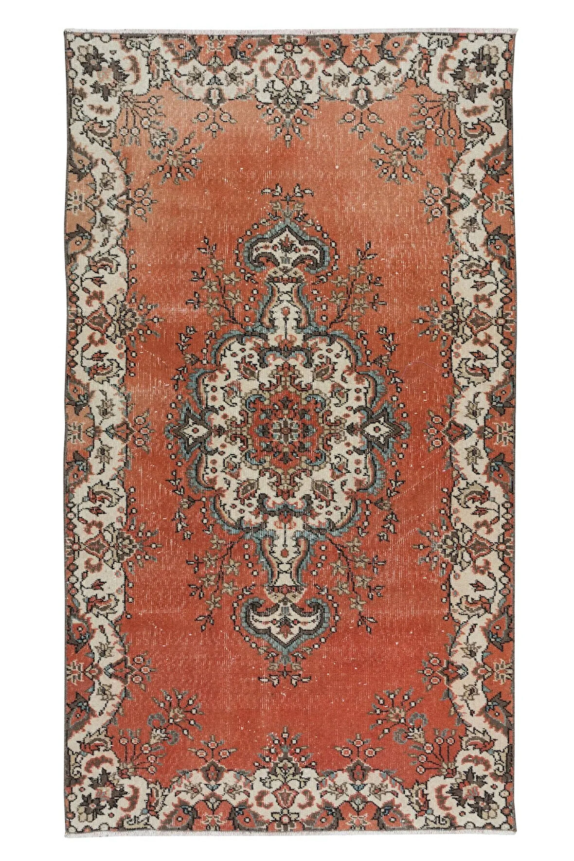 115x200 cm Kırmızı ve Bej Madalyonlu Geleneksel Eski El Yapımı Türkiye'de yapılmış Küçük Halı