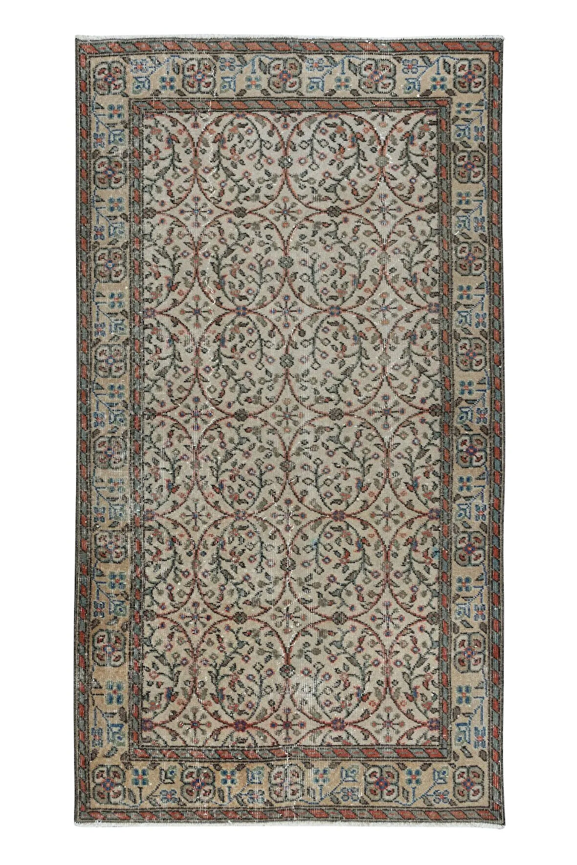 115x205 cm Tamamı Çiçek Desenli Bej Eski El Düğümlü Anadolu Halısı