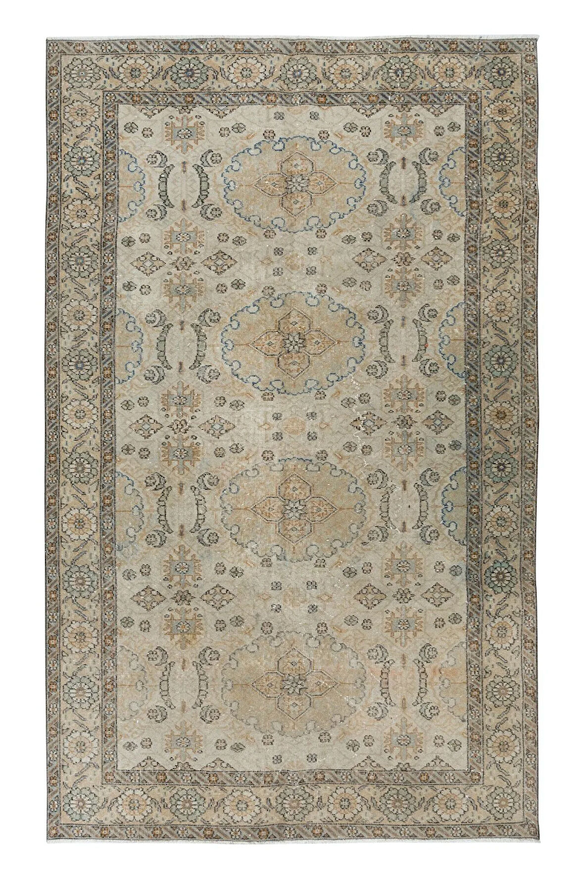 170x267 cm Kır Evleri için Bej Eski El Yapımı Anadolu Uşak Halısı