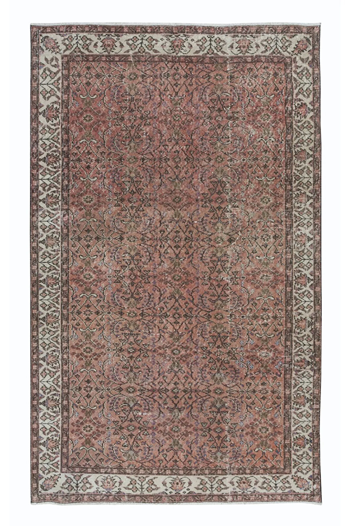 164x266 cm Kırmızı ve Bej Eski Türk Alan Halısı, El Düğümlü Çiçekli Halı