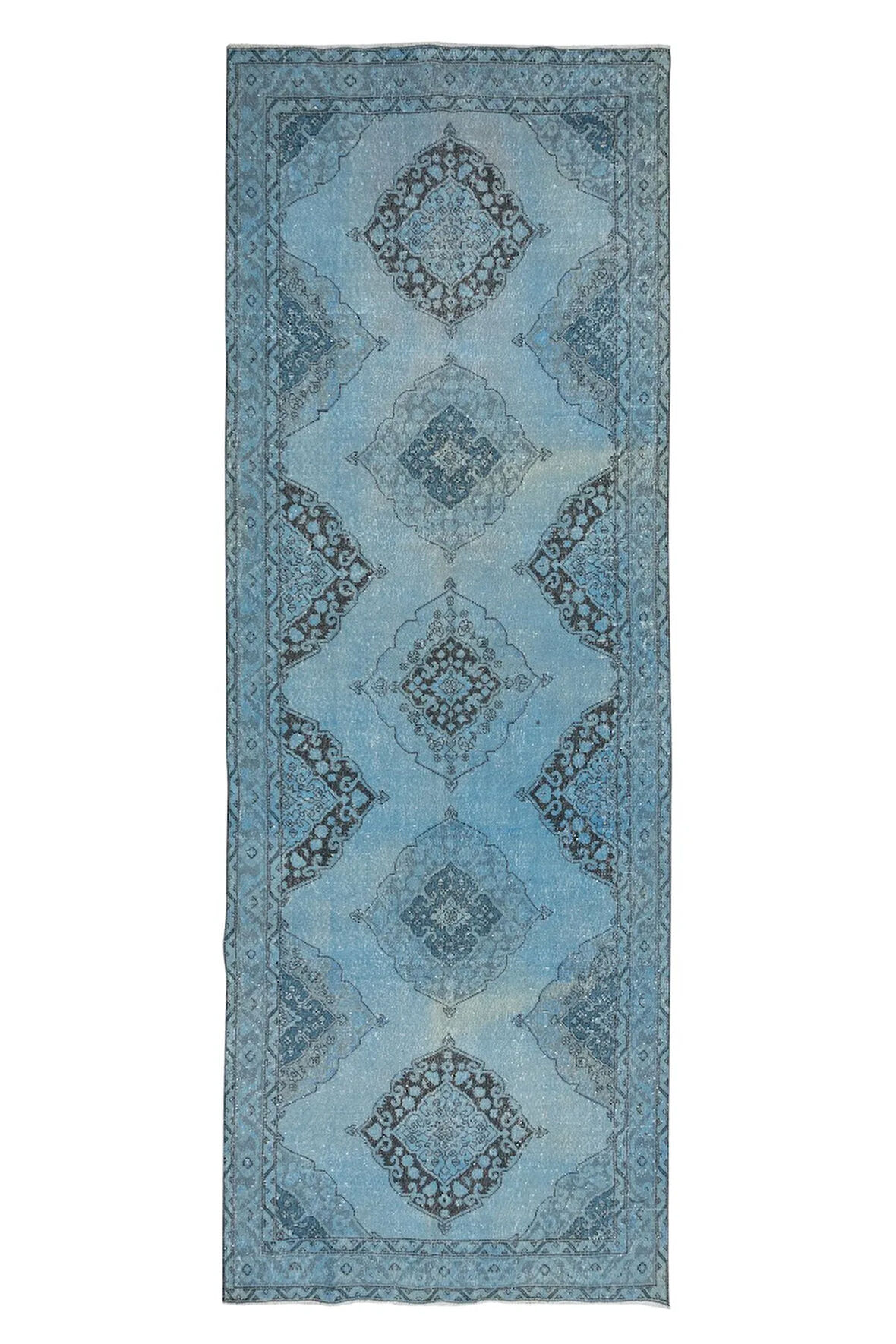 138x384 cm Çağdaş El Yapımı Açık Mavi Renkli Koridor Halısı, 100% El Yapımı Yolluk Halı