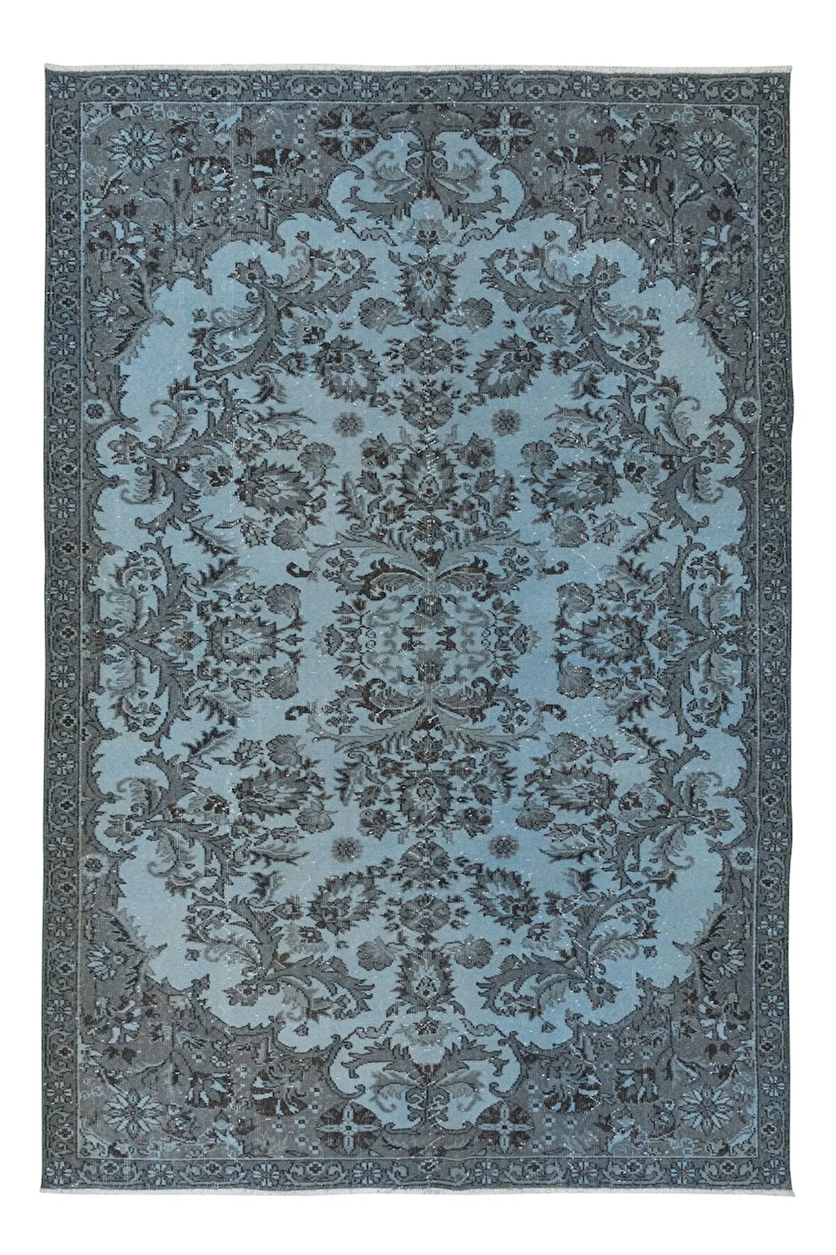 197x285 cm Mavi Tonlarda El Dokuması Halı, Modern El Düğümlü Halı, Eski Türk Halısı