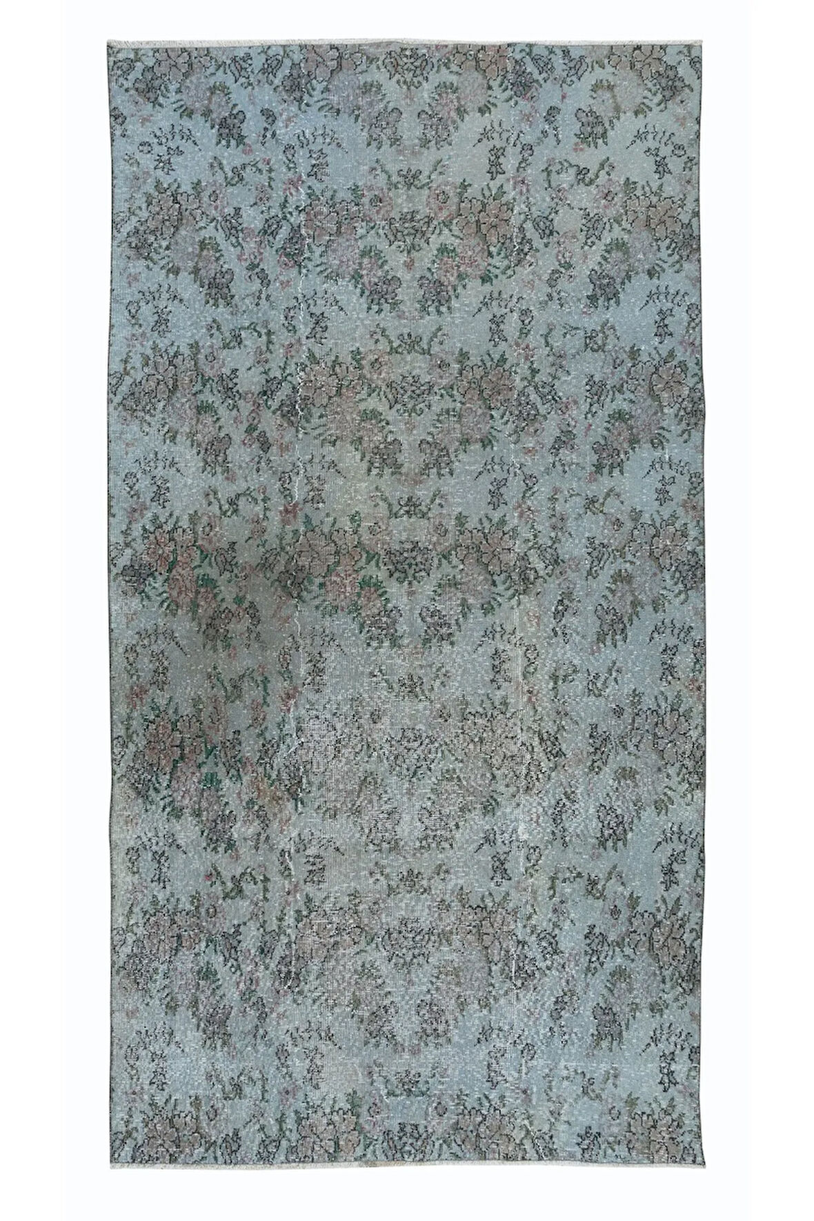 150x275 cm Yeniden Boyanmış Açık Mavi El Dokuma Halı, El Yapımı Çiçek Desenli Halı