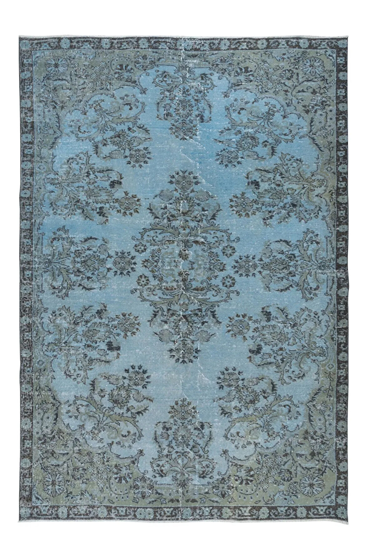 193x285 cm Mavi El Yapımı Halı, Yenilenmiş Yün ve Pamuktan Yapılmış Eski Çiçekli Halı