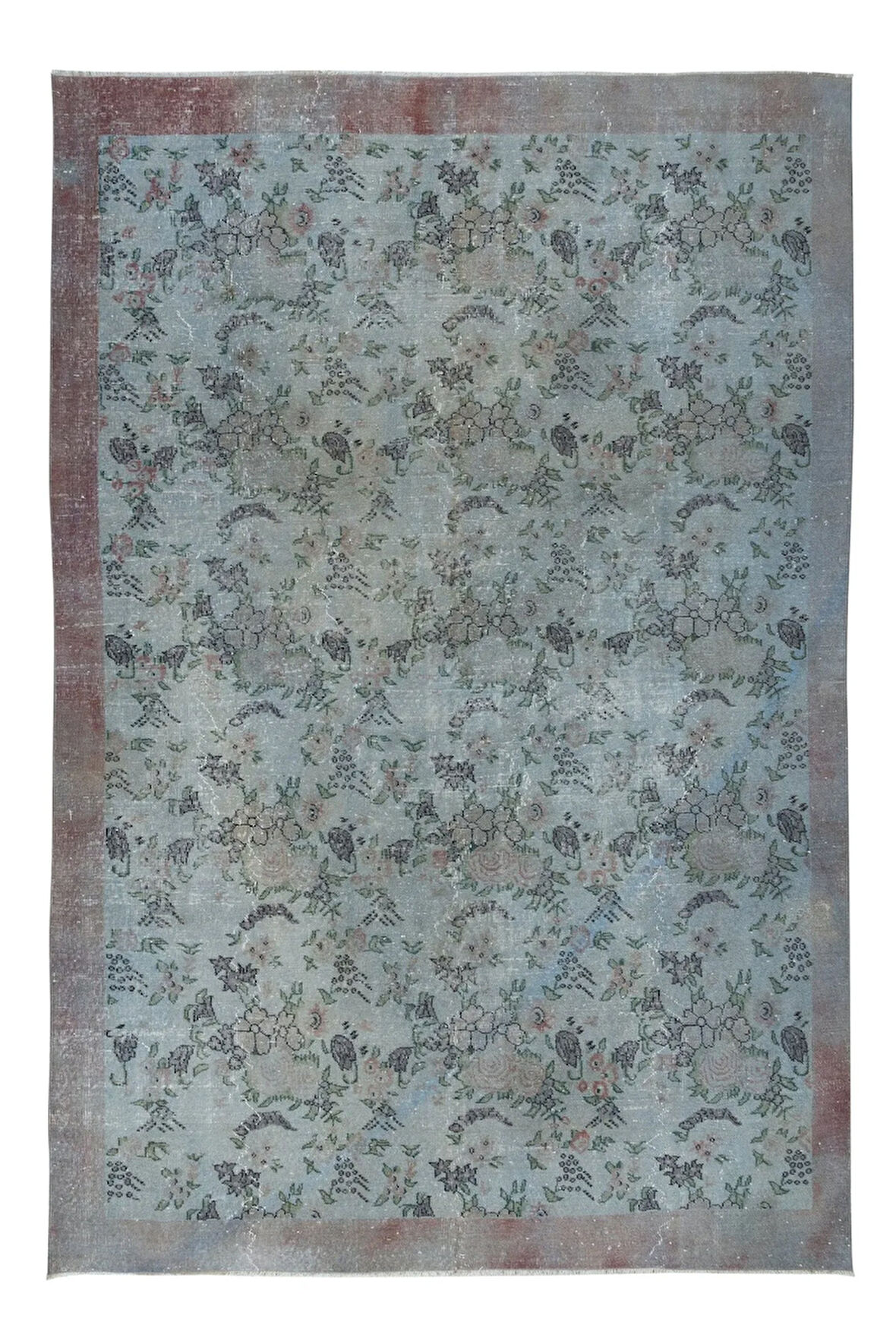 214x314 cm Yenilenmiş Mavi El Yapımı Halı, Modern Yün ve Pamuktan Yapılmış Eski Halı