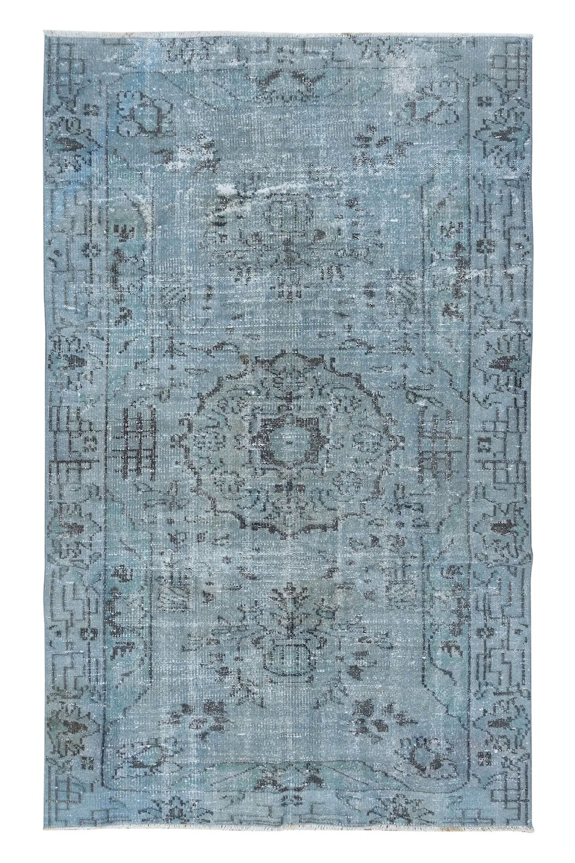 144x226 cm Mavi El dokuması Halı, Yenilenmiş Vintage Halı, Yeniden Boyanmış Eski Halı