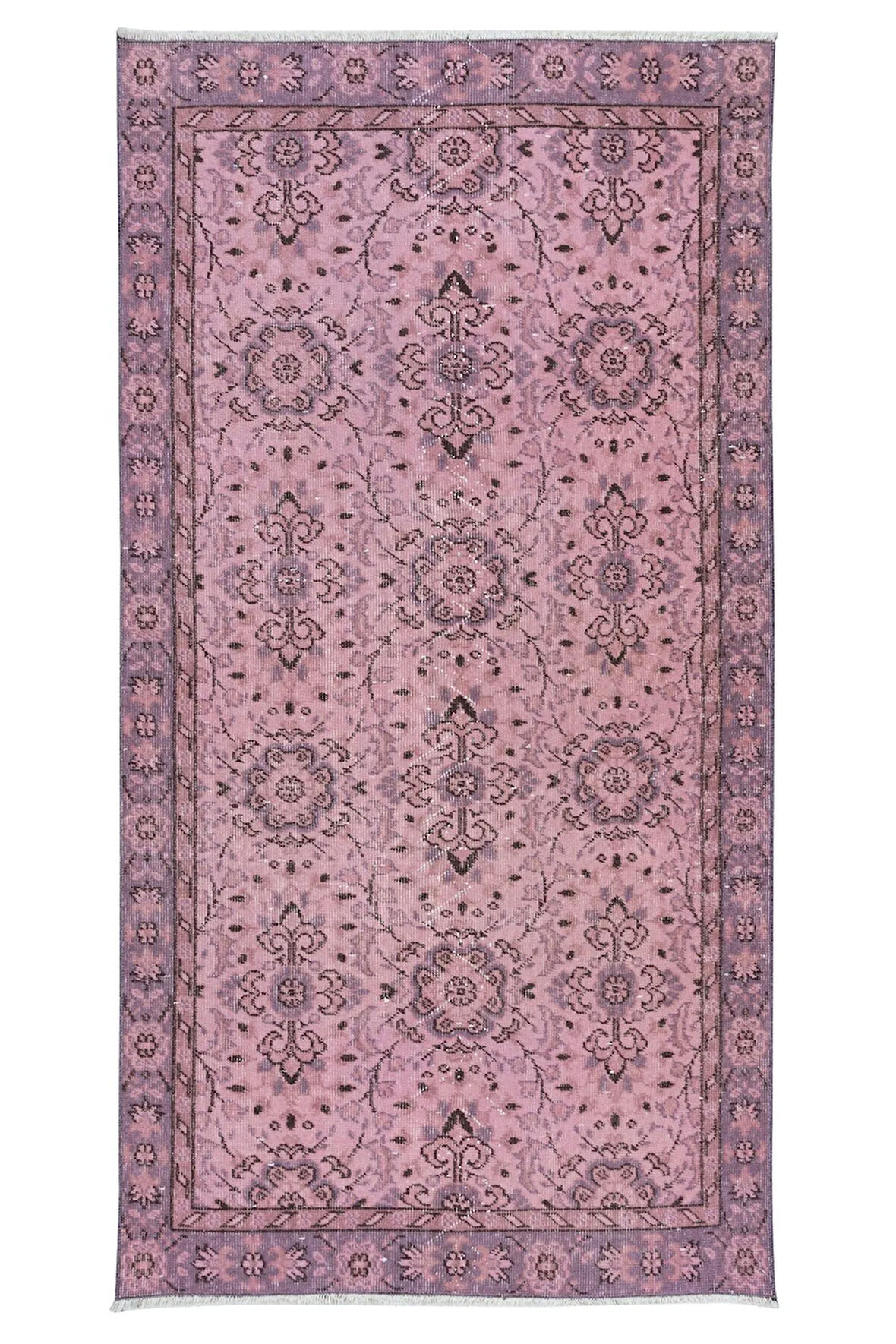 105x200 cm, Yeniden Boyanmış Pembe El Dokuma Halı, El Yapımı Eski Halı